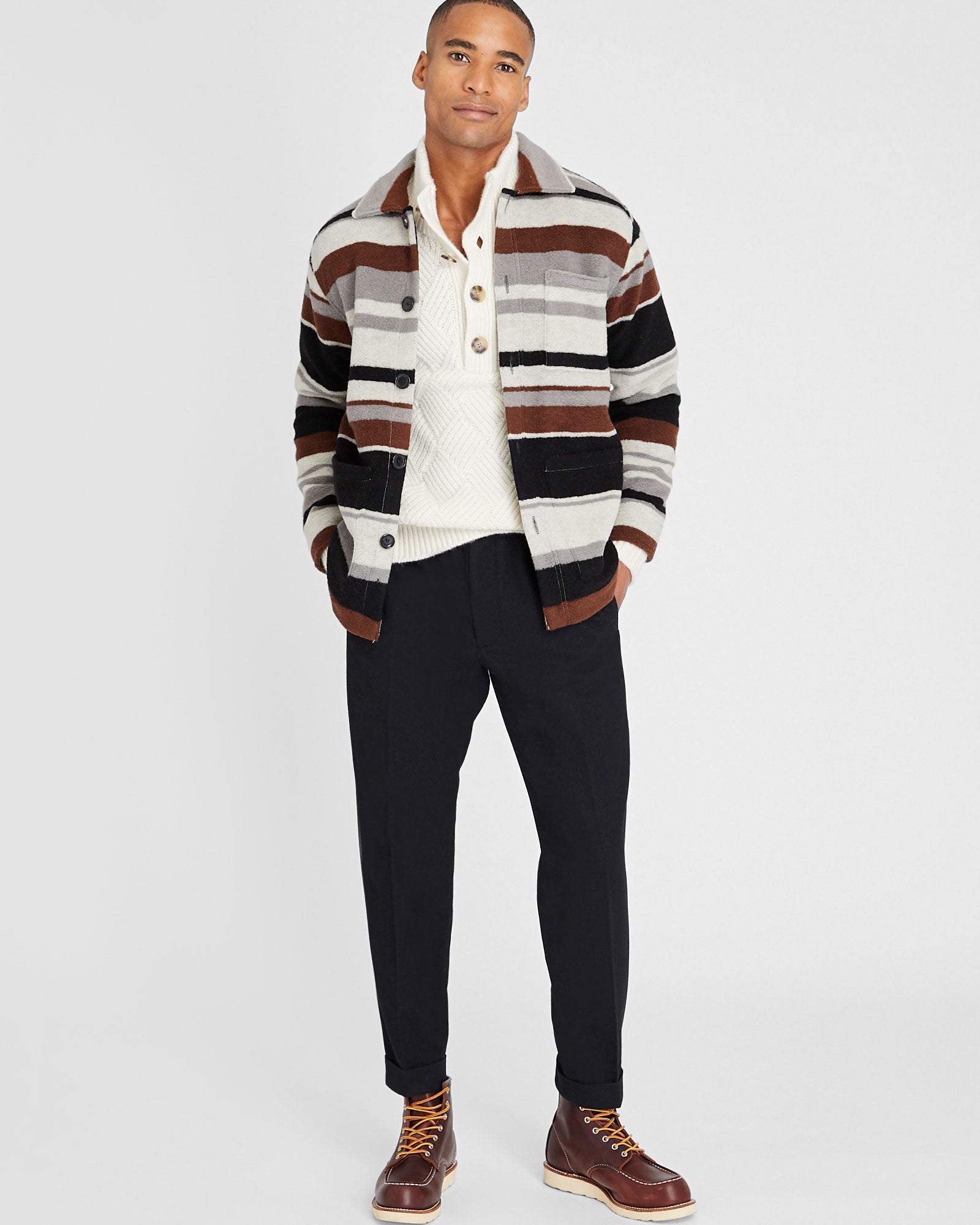 CLUB MONACO - Striped Brushed Wool Shirt Jacket - Ivory Mix