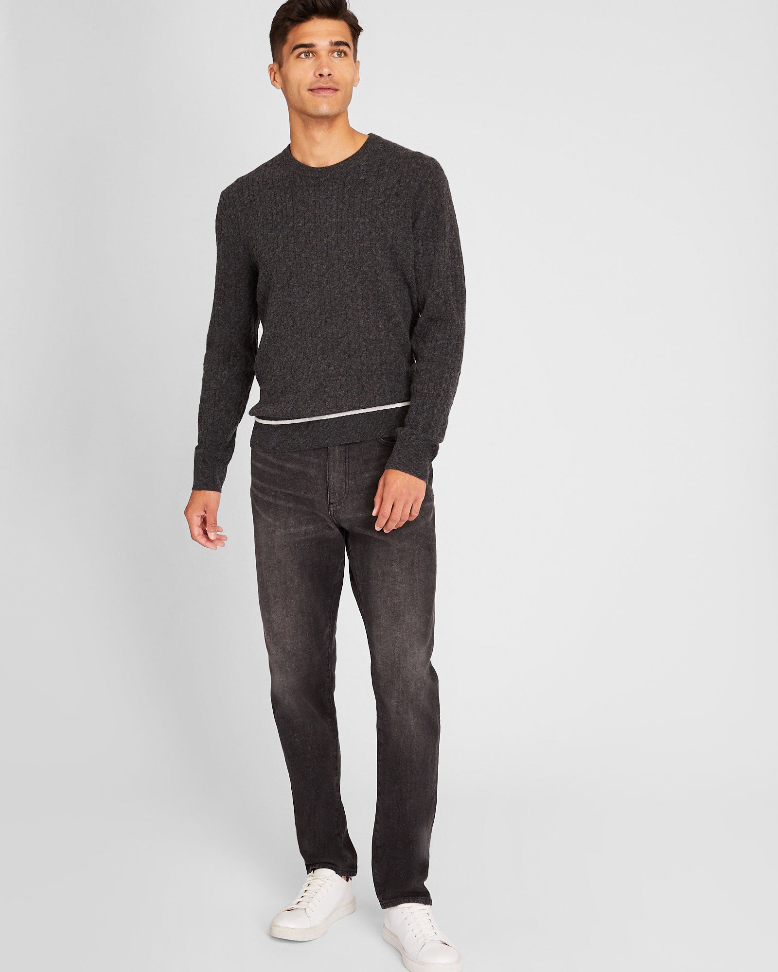 CLUB MONACO - Cable Tipped Crewneck - Charcoal