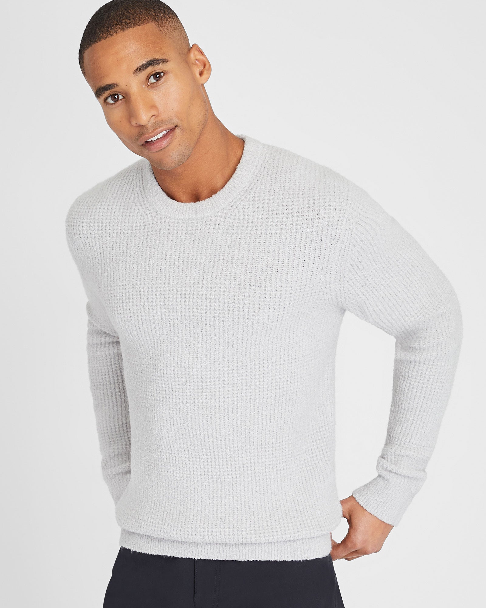 CLUB MONACO - Bouclé Waffle Stitch Crewneck - Stripe - Natural
