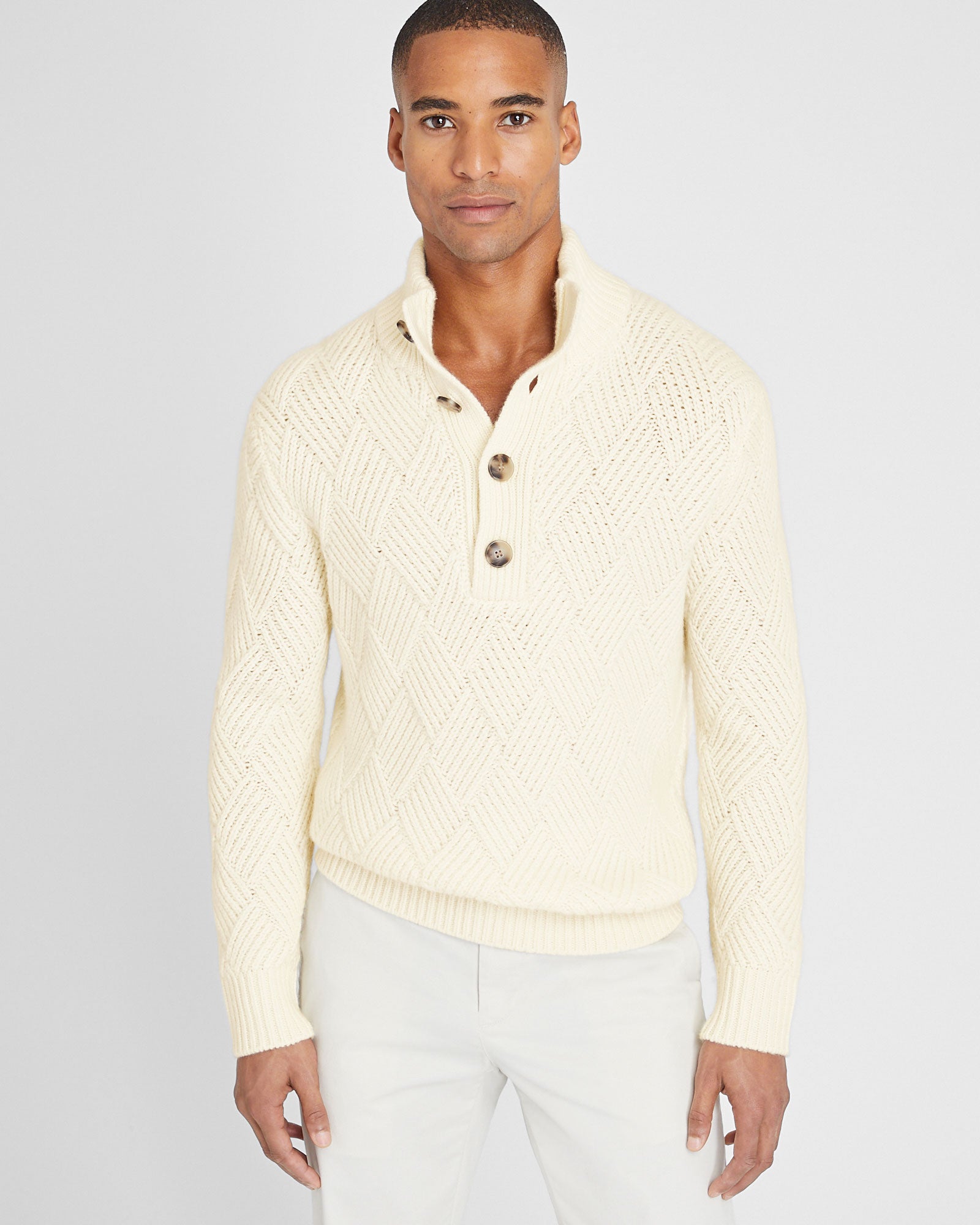 CLUB MONACO - Cashmere Basketweave Button Neck Sweater - Ivory