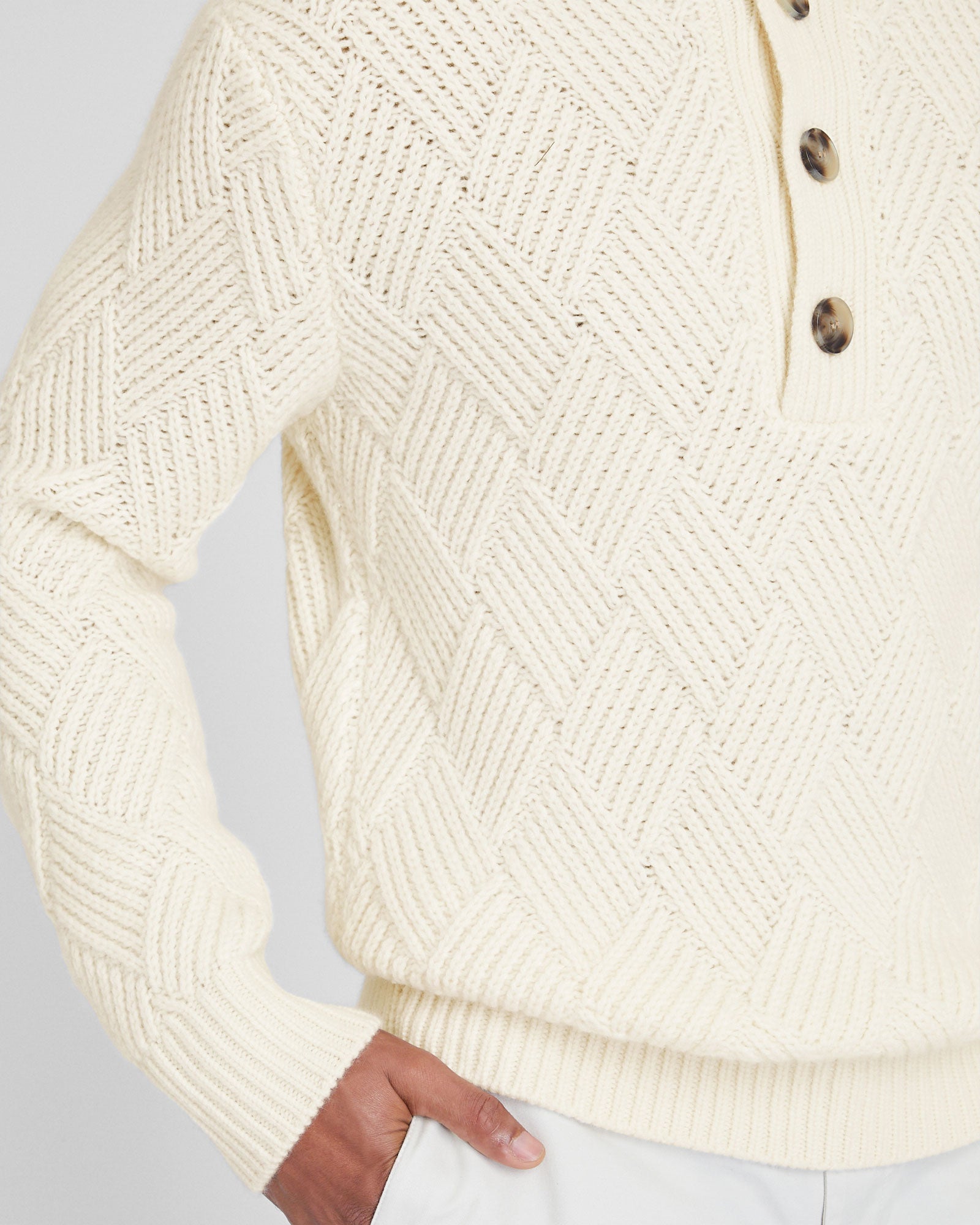CLUB MONACO - Cashmere Basketweave Button Neck Sweater - Ivory
