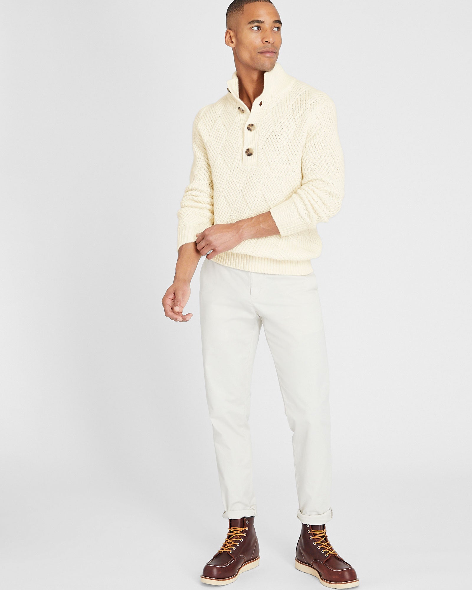 CLUB MONACO - Cashmere Basketweave Button Neck Sweater - Ivory