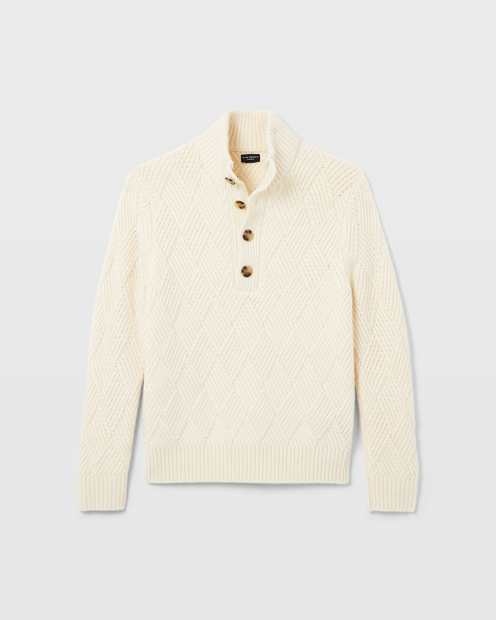 CLUB MONACO - Cashmere Basketweave Button Neck Sweater - Ivory