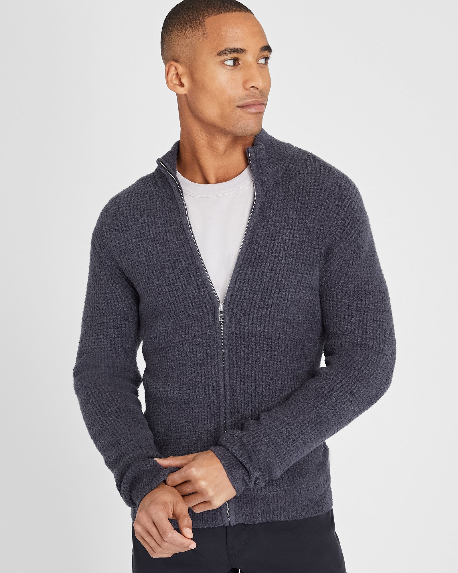 CLUB MONACO - Bouclé Waffle Stitch Full Zip Sweater - Blue