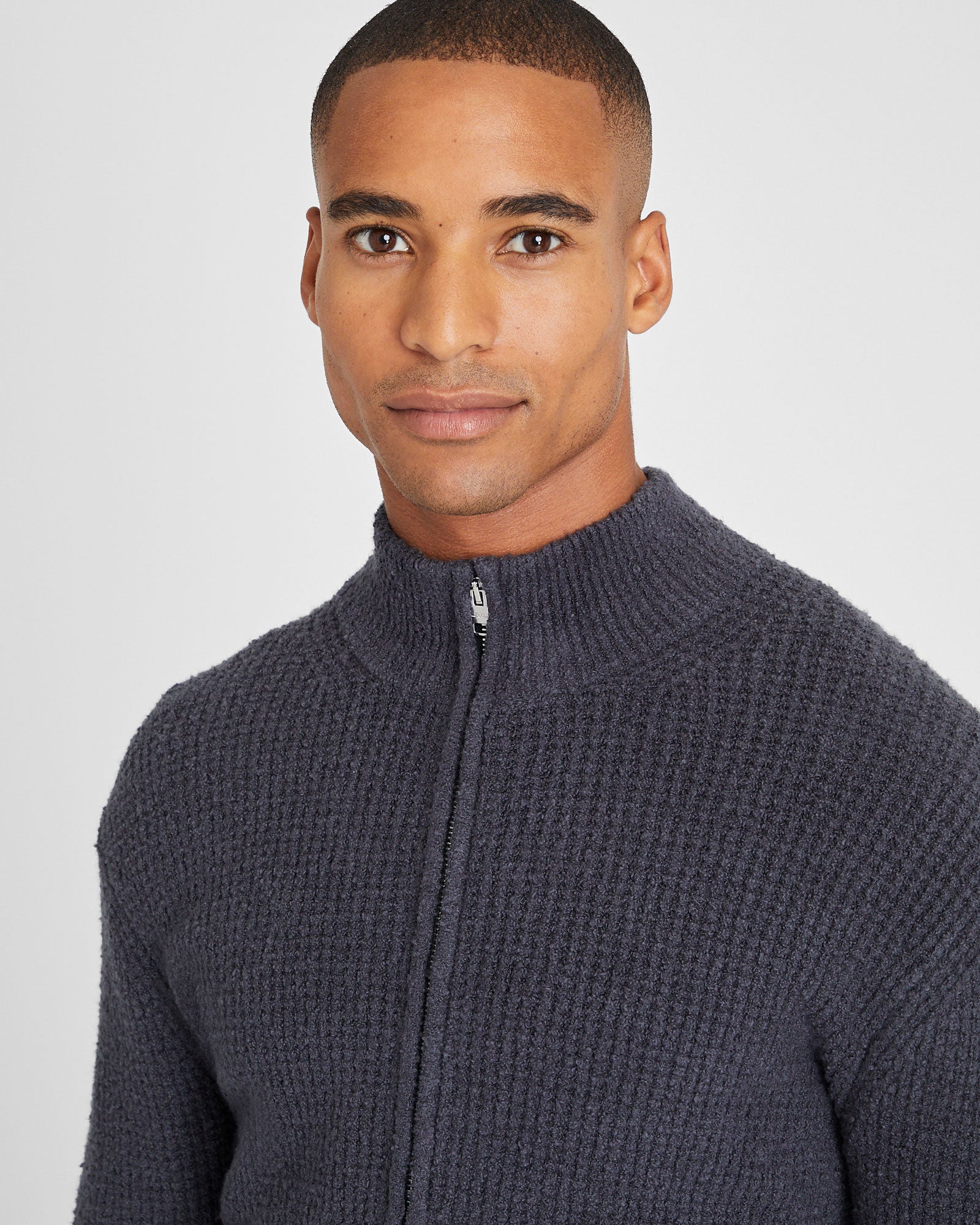 CLUB MONACO - Bouclé Waffle Stitch Full Zip Sweater - Blue