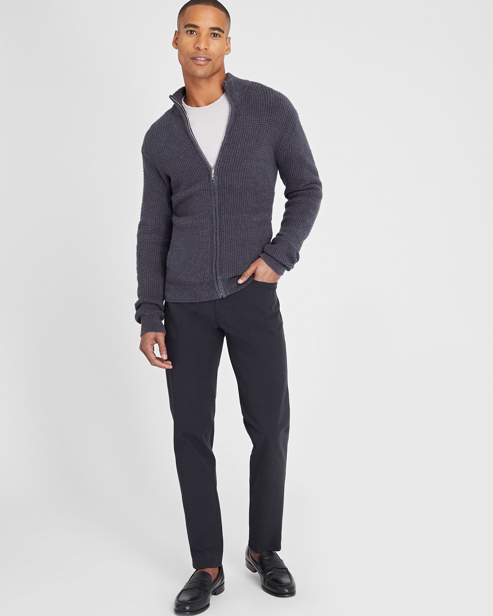 CLUB MONACO - Bouclé Waffle Stitch Full Zip Sweater - Blue