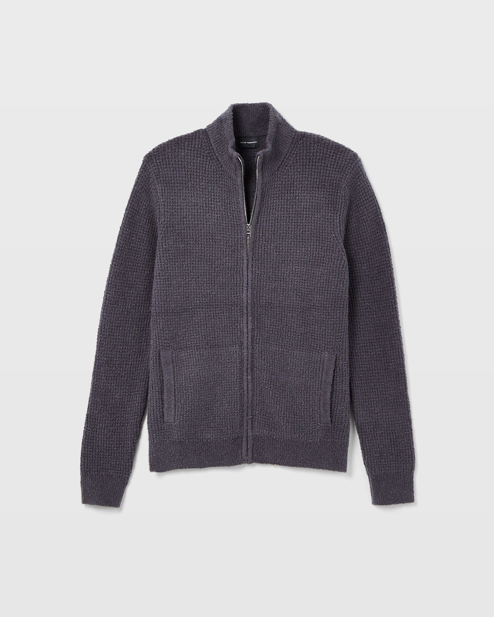 CLUB MONACO - Bouclé Waffle Stitch Full Zip Sweater - Blue