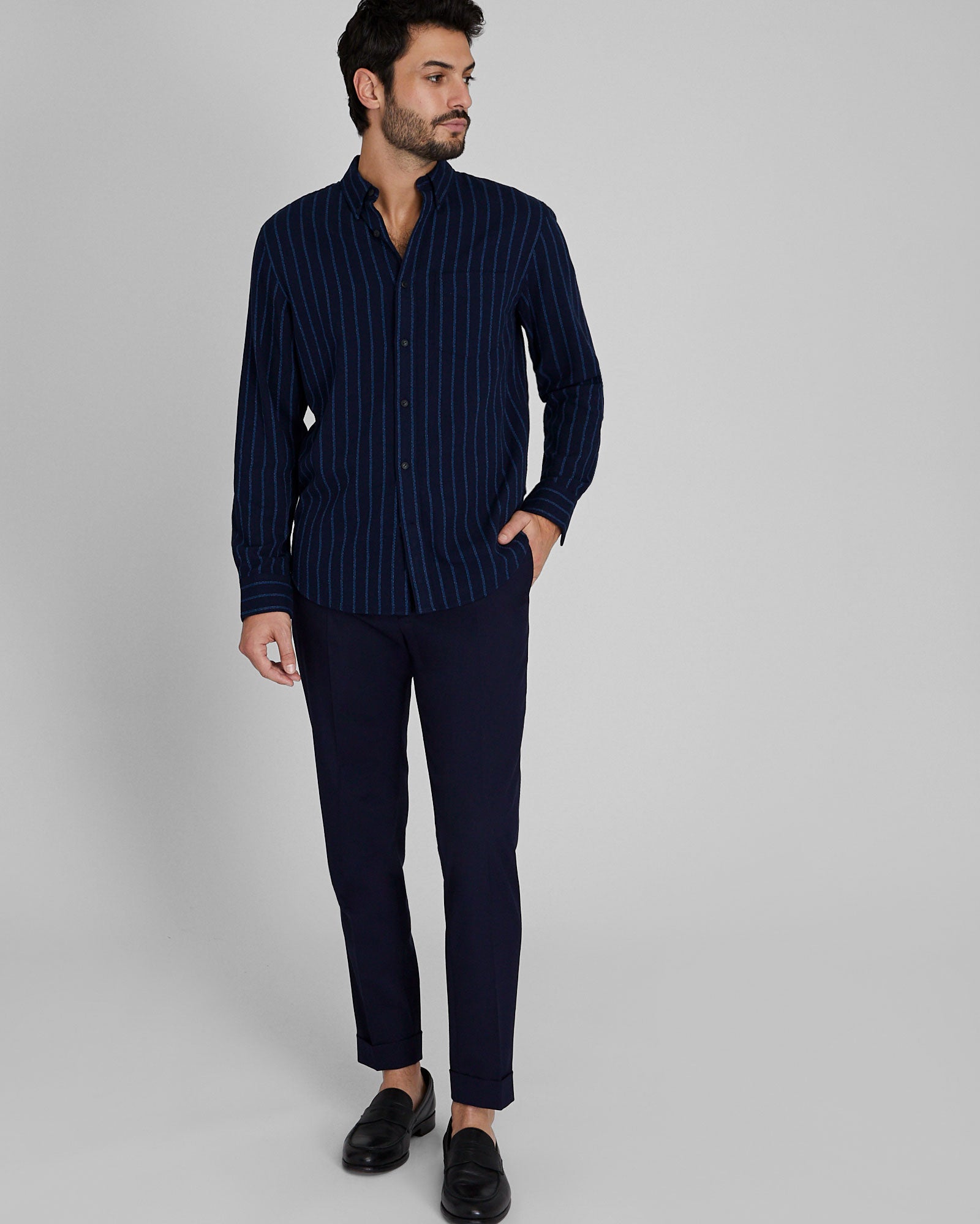 CLUB MONACO - Chemise rayée en crêpe jaspé - Indigo