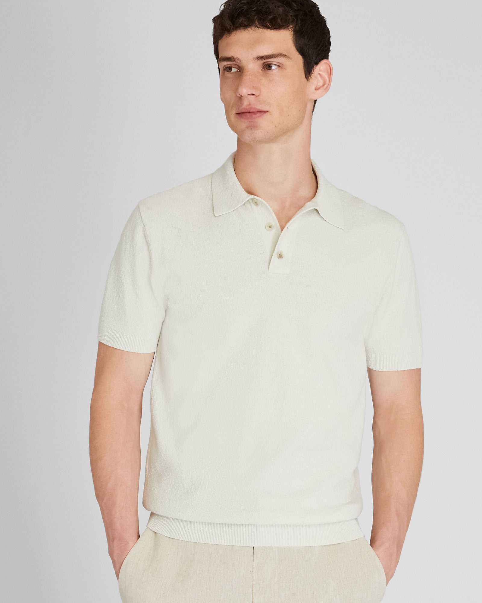 Men's Off White Short Sleeve Boucl Polo | Club Monaco US