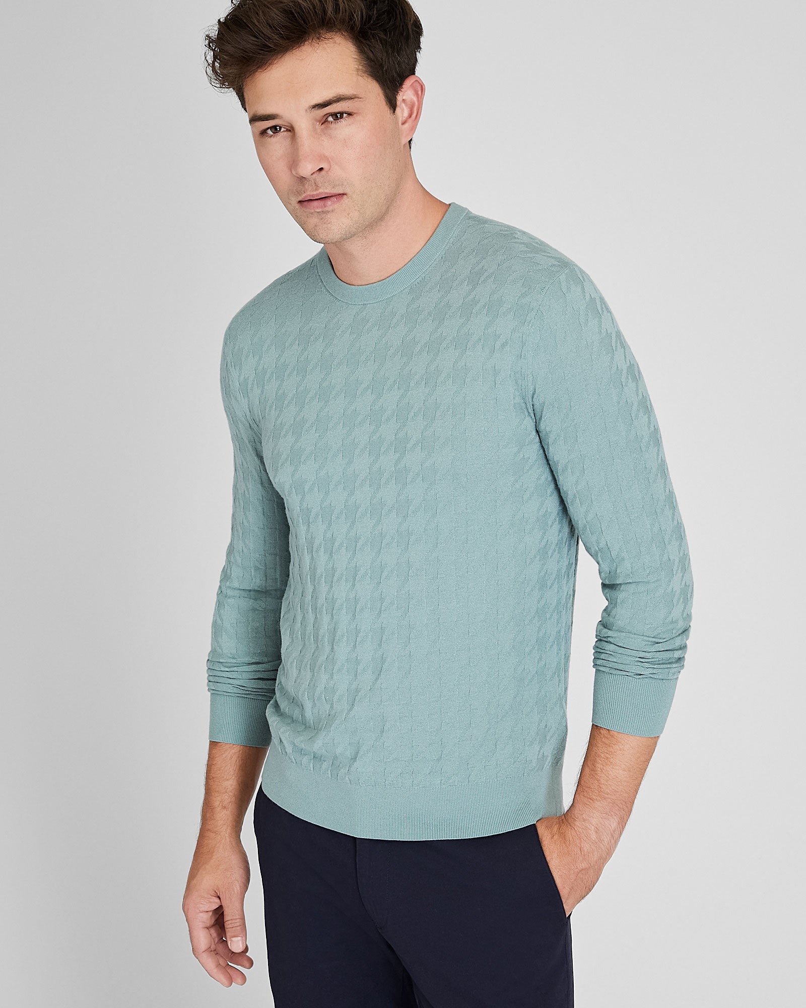 CLUB MONACO - Wool Blend Houndstooth Crewneck - Slate Grey