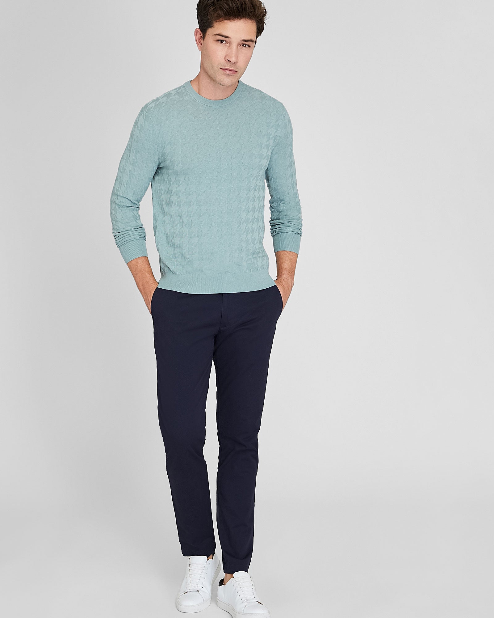 CLUB MONACO - Wool Blend Houndstooth Crewneck - Slate Grey
