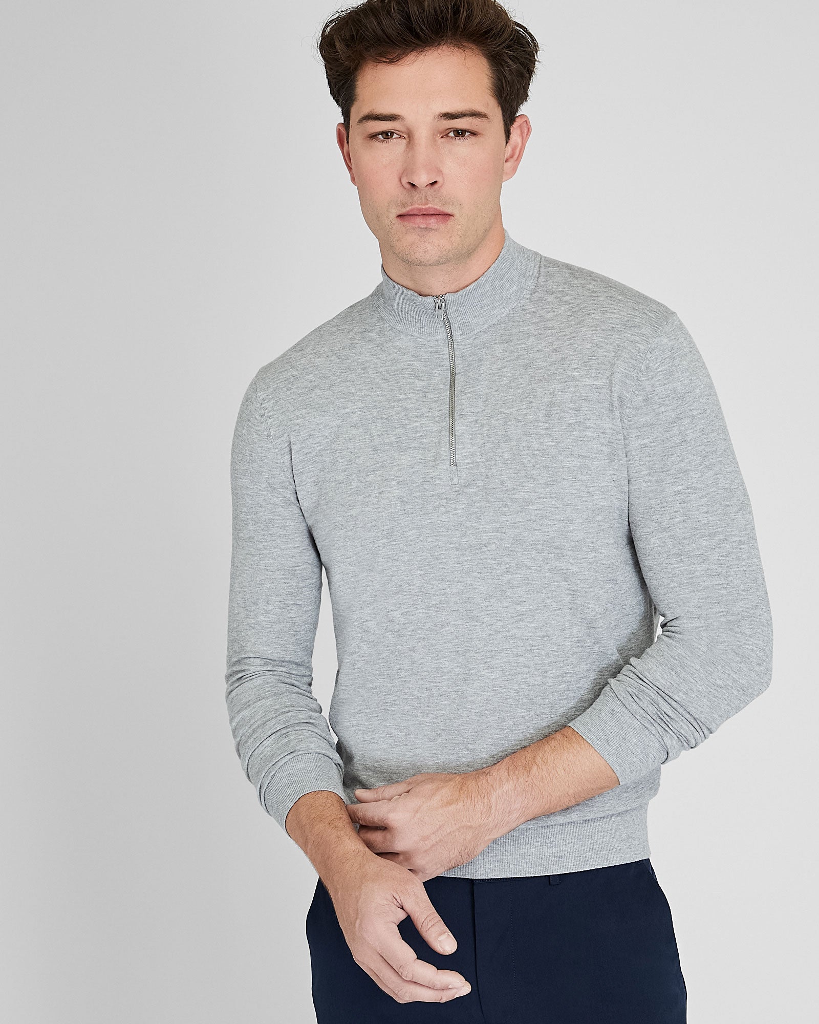 CLUB MONACO - Long Sleeve Tech Quarter Zip Sweater - Medium Heather Grey