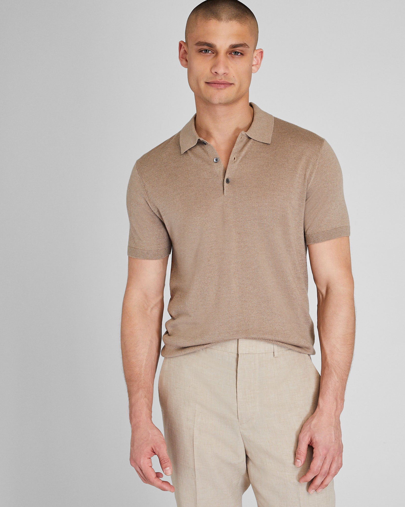 CLUB MONACO - Short Sleeve Silk Cashmere Polo - Brown