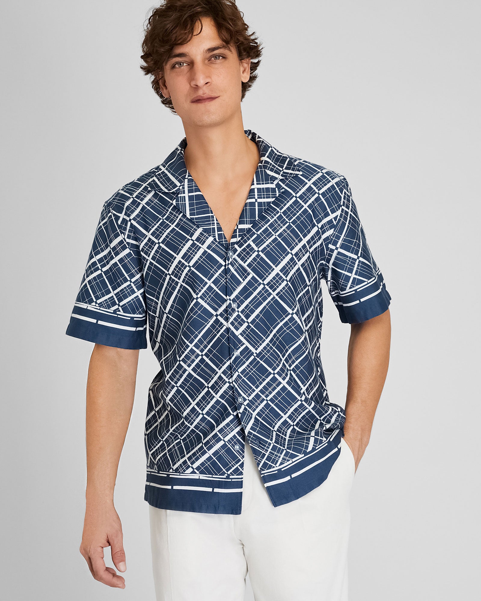 CLUB MONACO - Short-Sleeve Camp Collar Border Grid Shirt - Navy