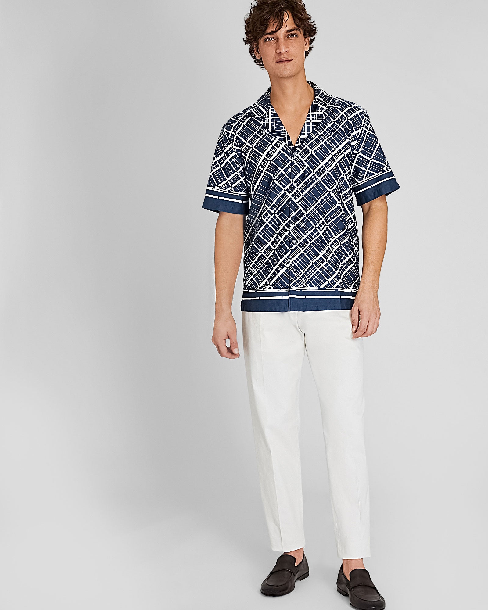 CLUB MONACO - Short-Sleeve Camp Collar Border Grid Shirt - Navy