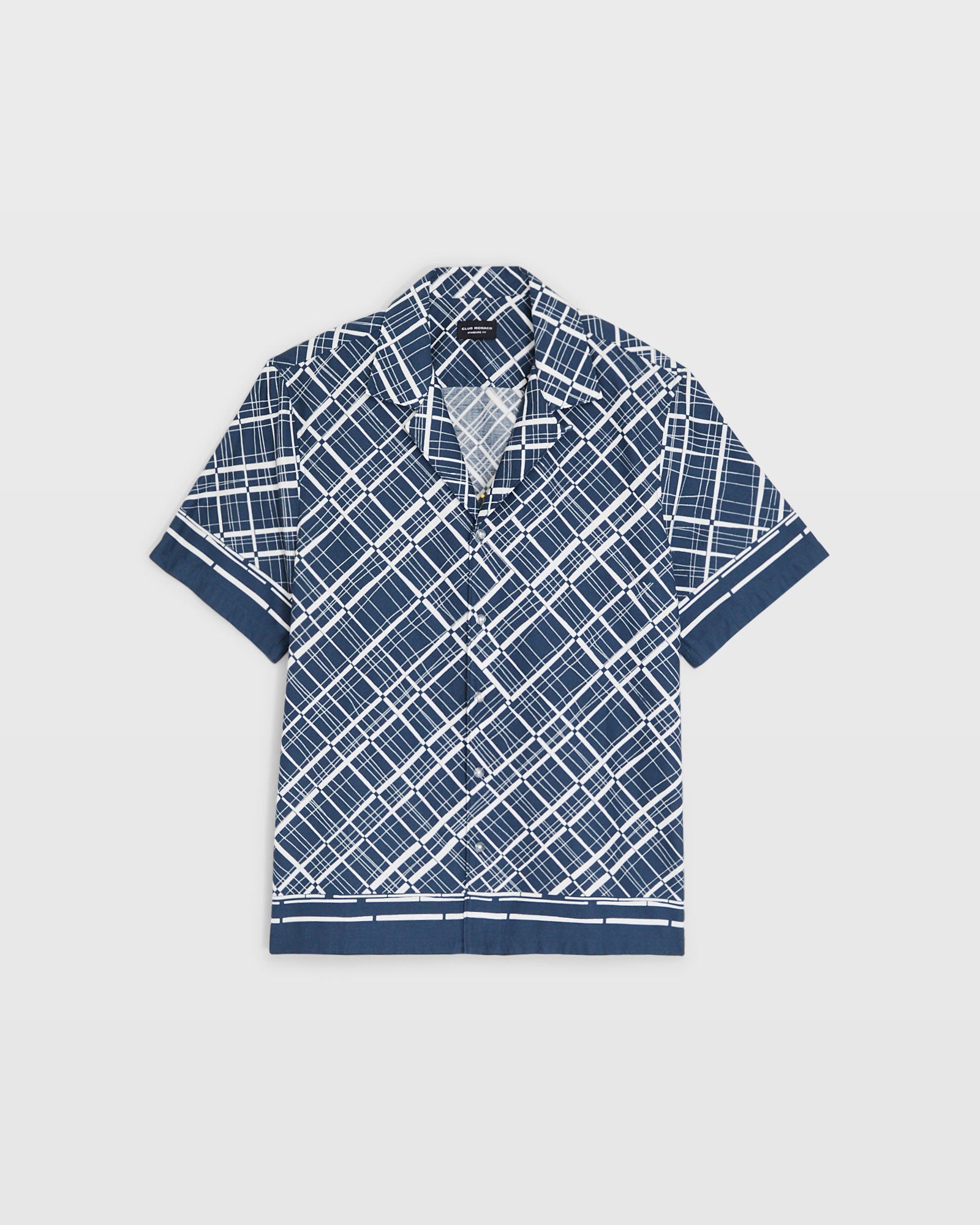 CLUB MONACO - Short-Sleeve Camp Collar Border Grid Shirt - Navy
