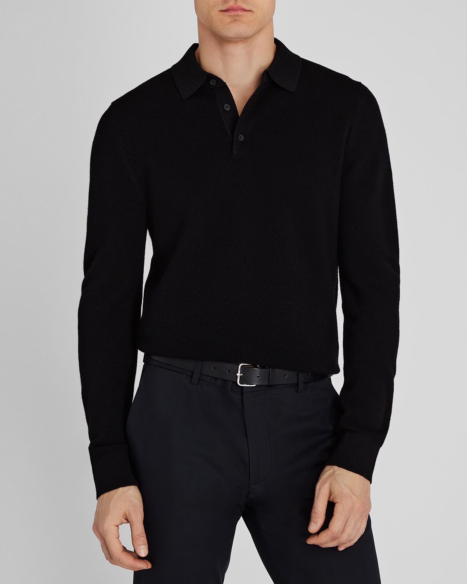 Men's Black Long-Sleeve Stitch Wool Polo | Club Monaco US Men's Black Long-Sleeve Stitch Wool Polo | Club Monaco US