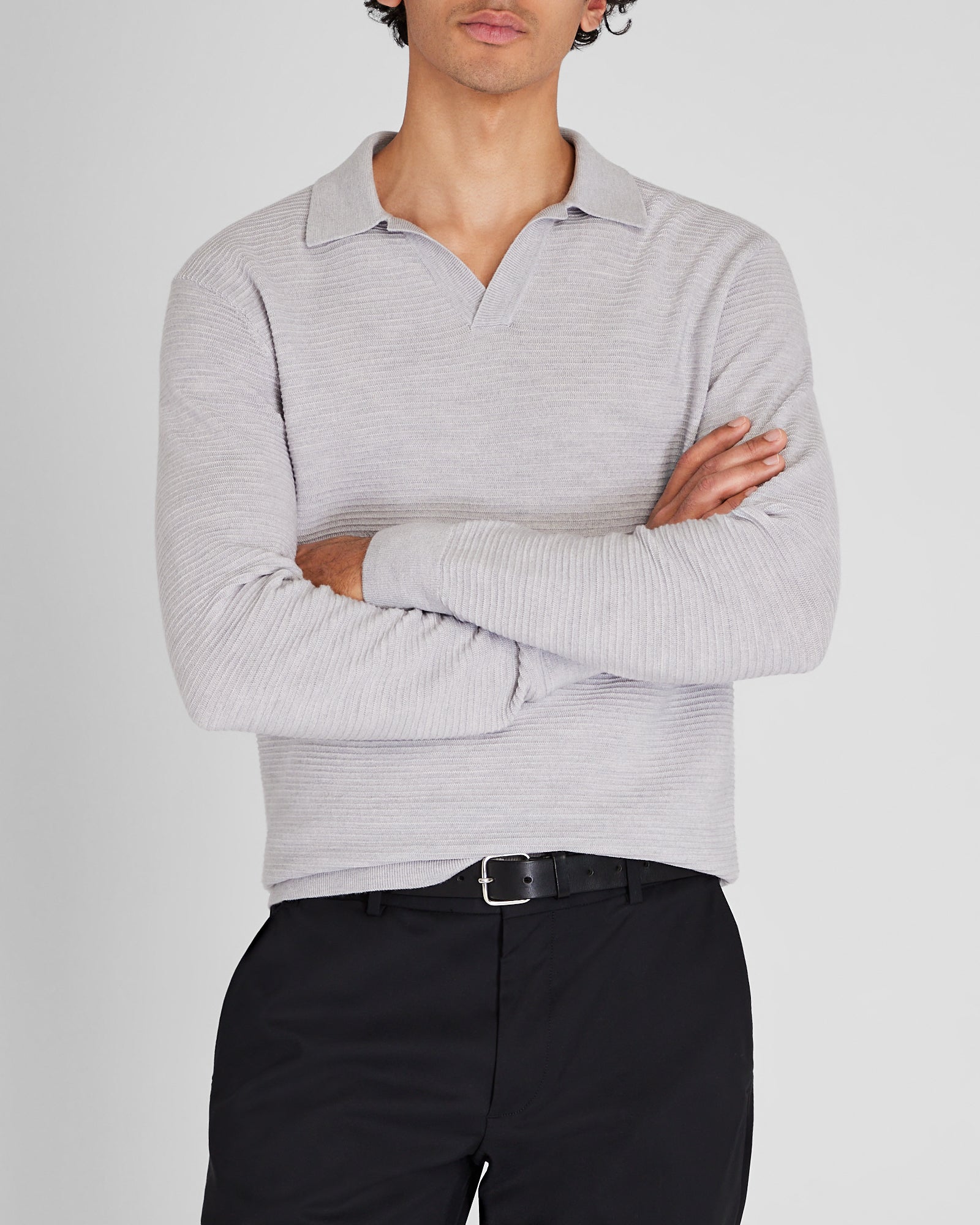 Men's Light Grey Mix Long-Sleeve Textured Johnny Collar Knit Polo | Club Monaco US Men's Light Grey Mix Long-Sleeve Textured Johnny Collar Knit Polo | Club Monaco US
