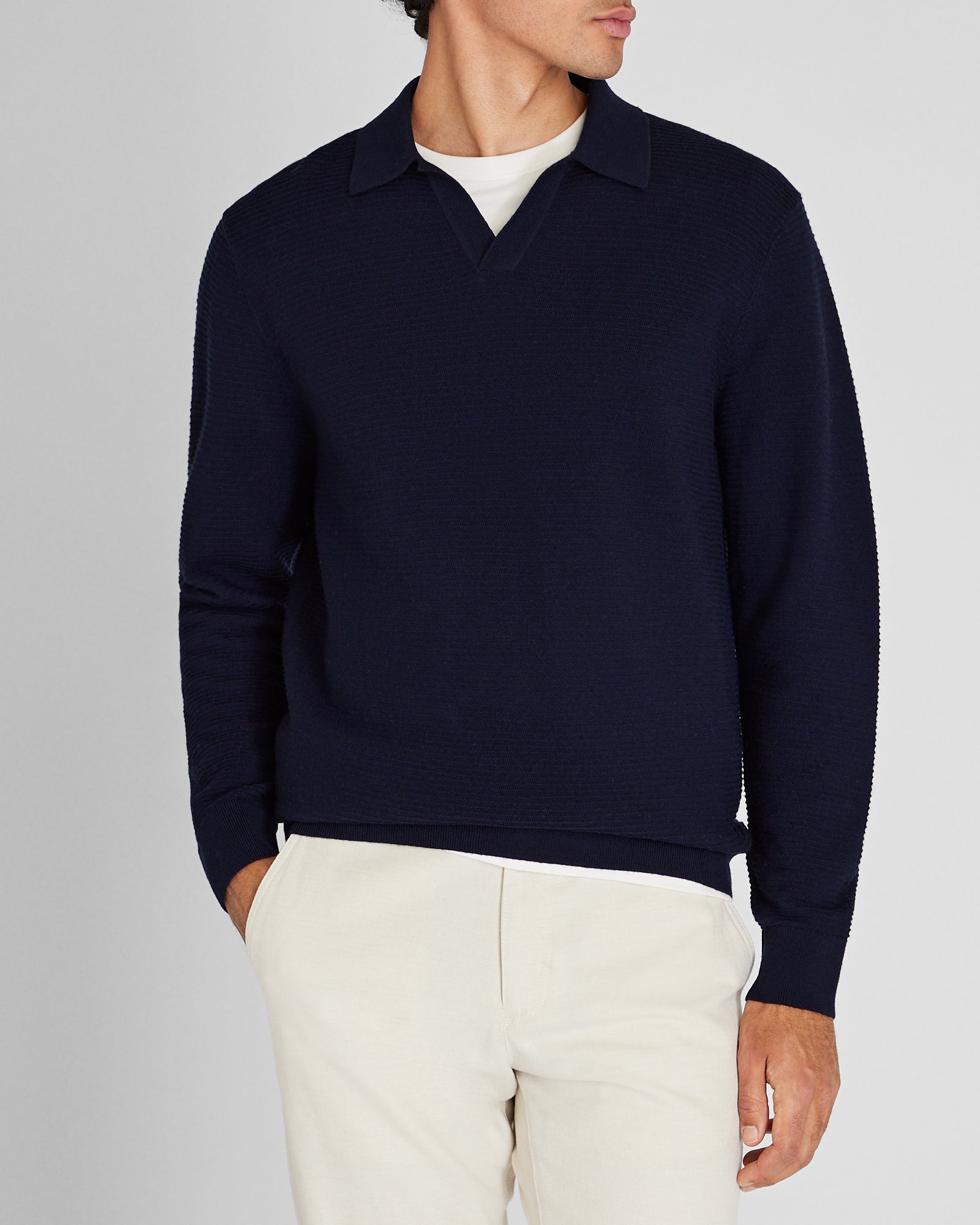 Men's Navy Long-Sleeve Textured Johnny Collar Knit Polo | Club Monaco US Men's Navy Long-Sleeve Textured Johnny Collar Knit Polo | Club Monaco US