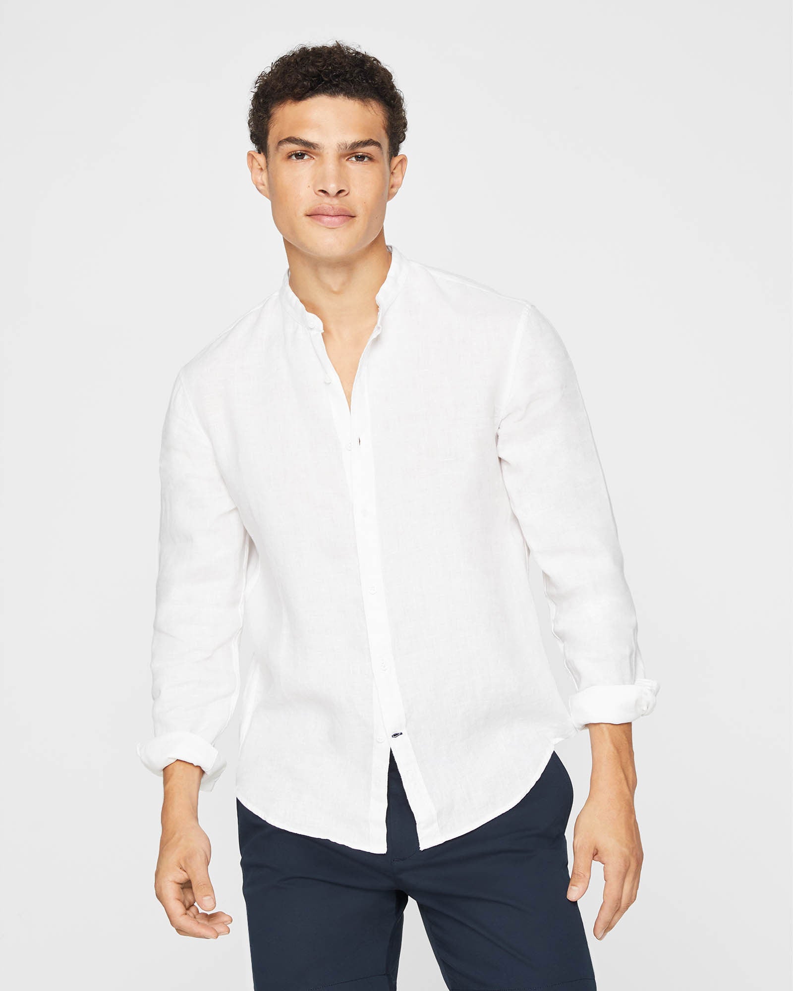 band collar dress shirt Men's White Band Collar Linen Shirt