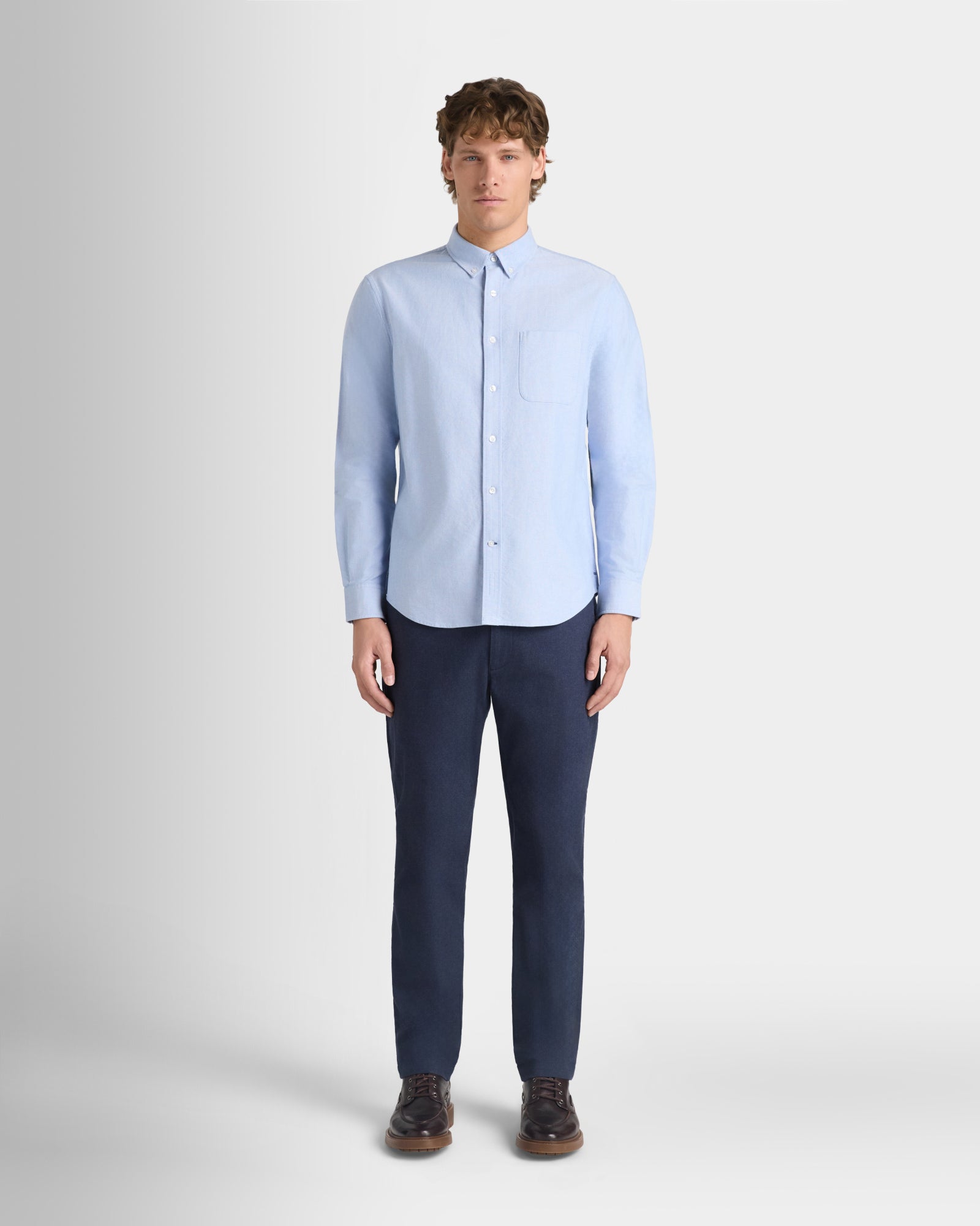 Men's Blue Long-Sleeve Solid Oxford Shirt