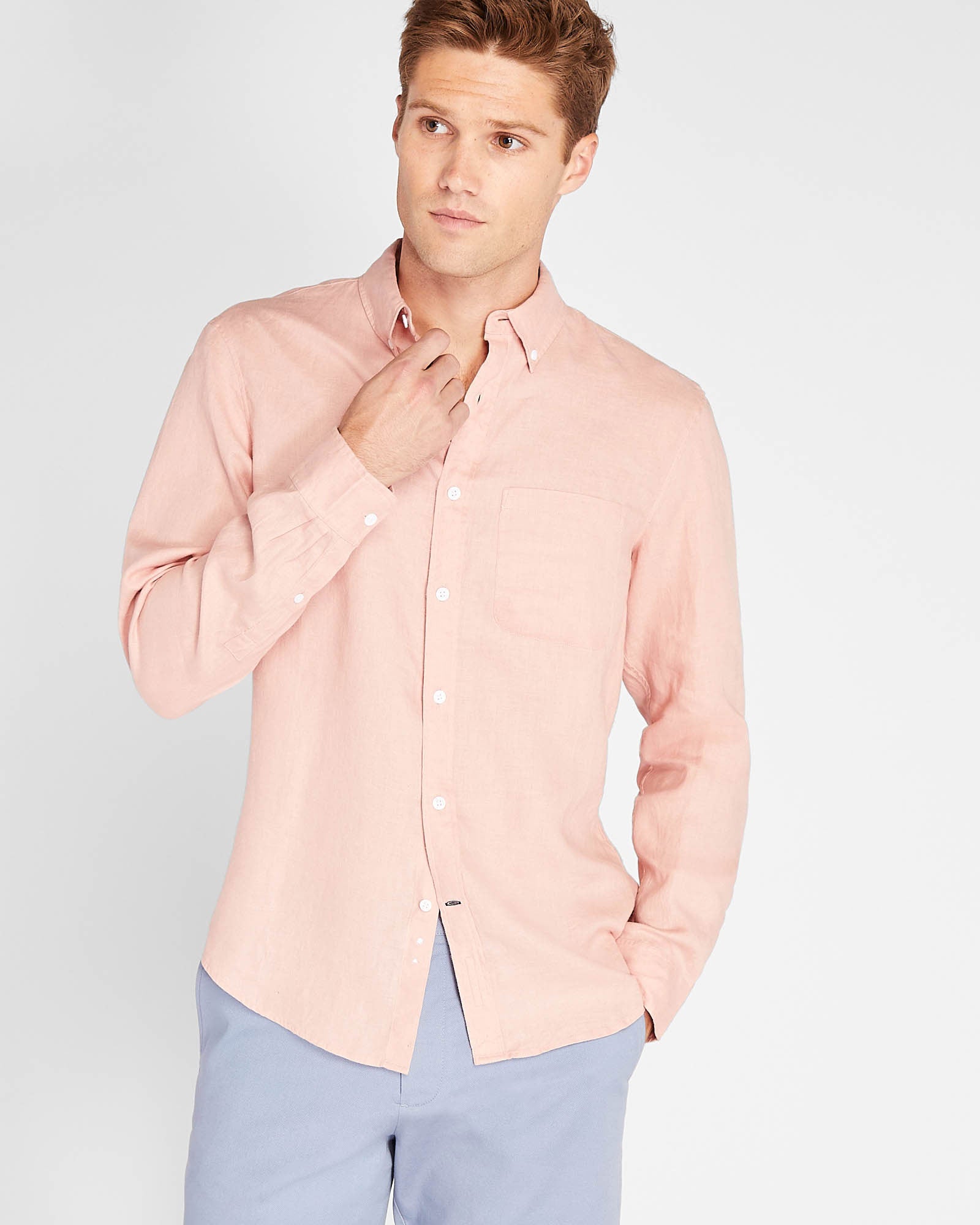 CLUB MONACO - Long-Sleeve Solid Linen Shirt - Pink