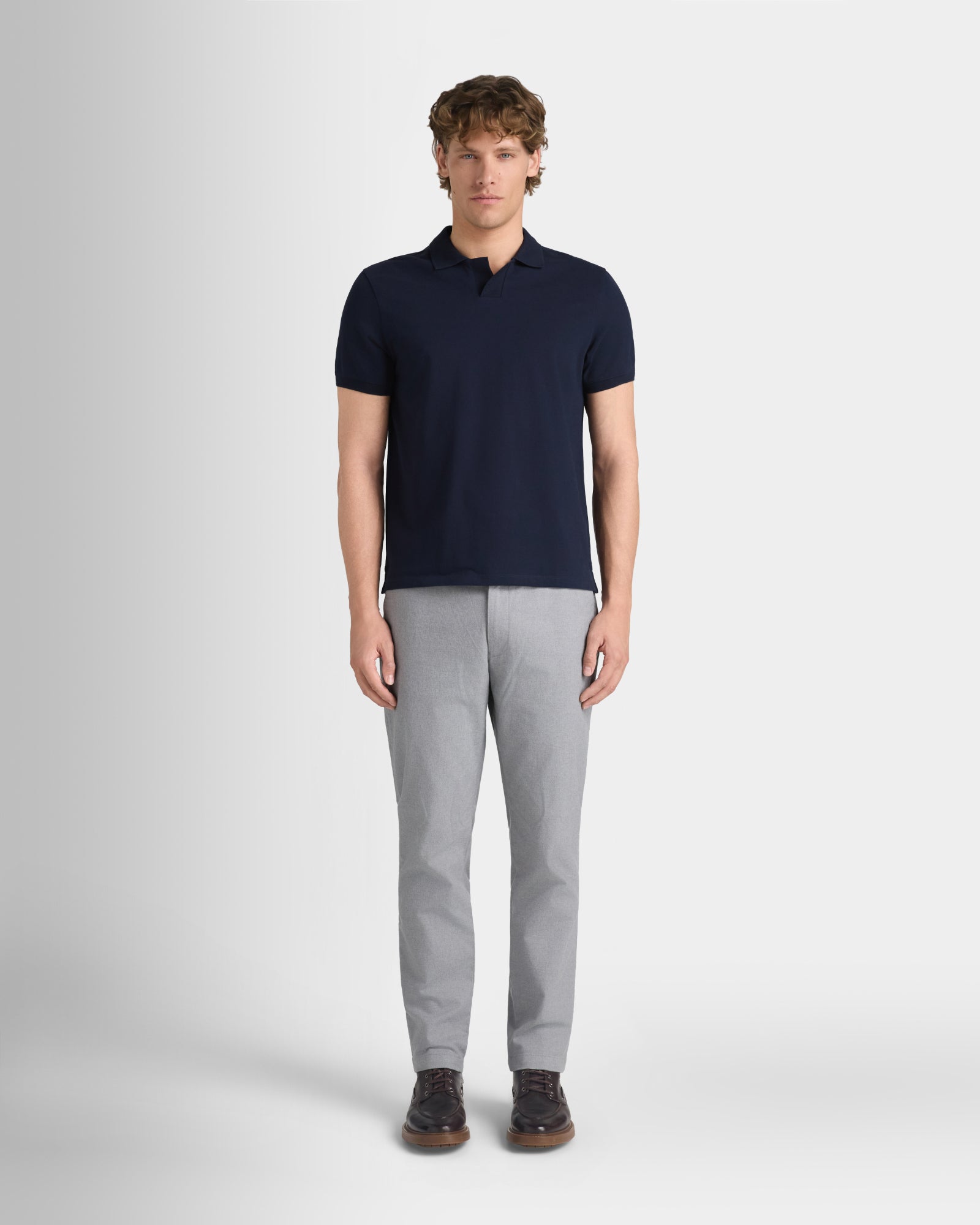 club monaco johnny collar dress Men's Light Grey Mix Long-Sleeve Textured Johnny Collar Knit Polo