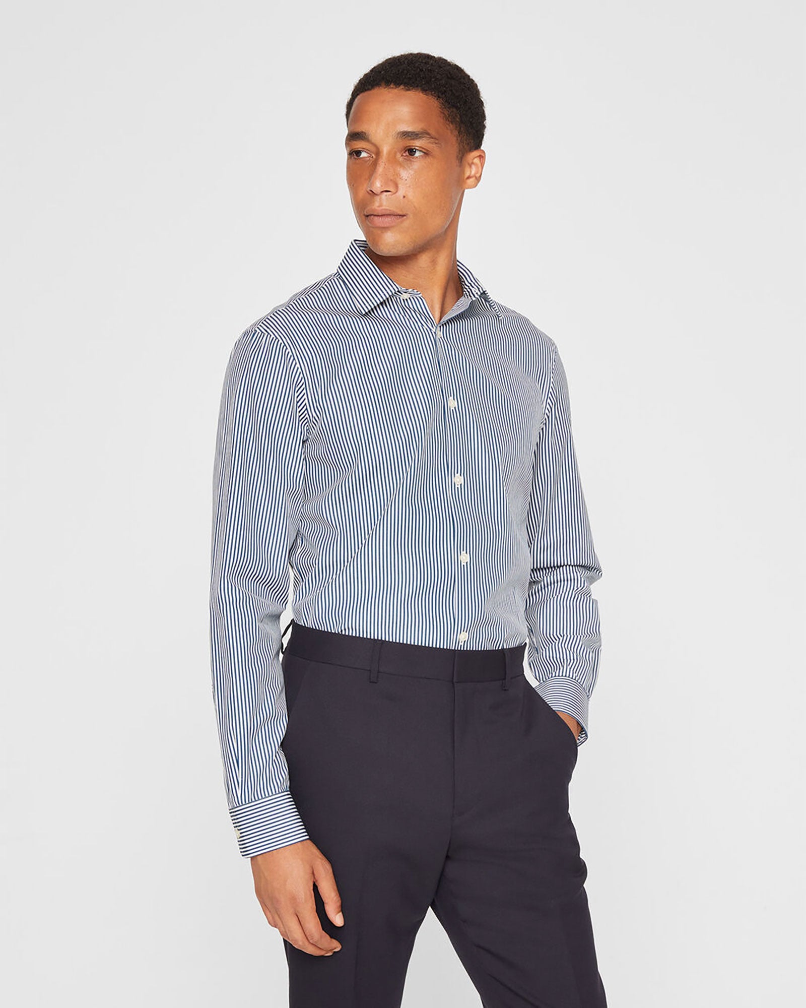 Men's Blue Stripe Stripe Poplin Dress Shirt | Club Monaco US