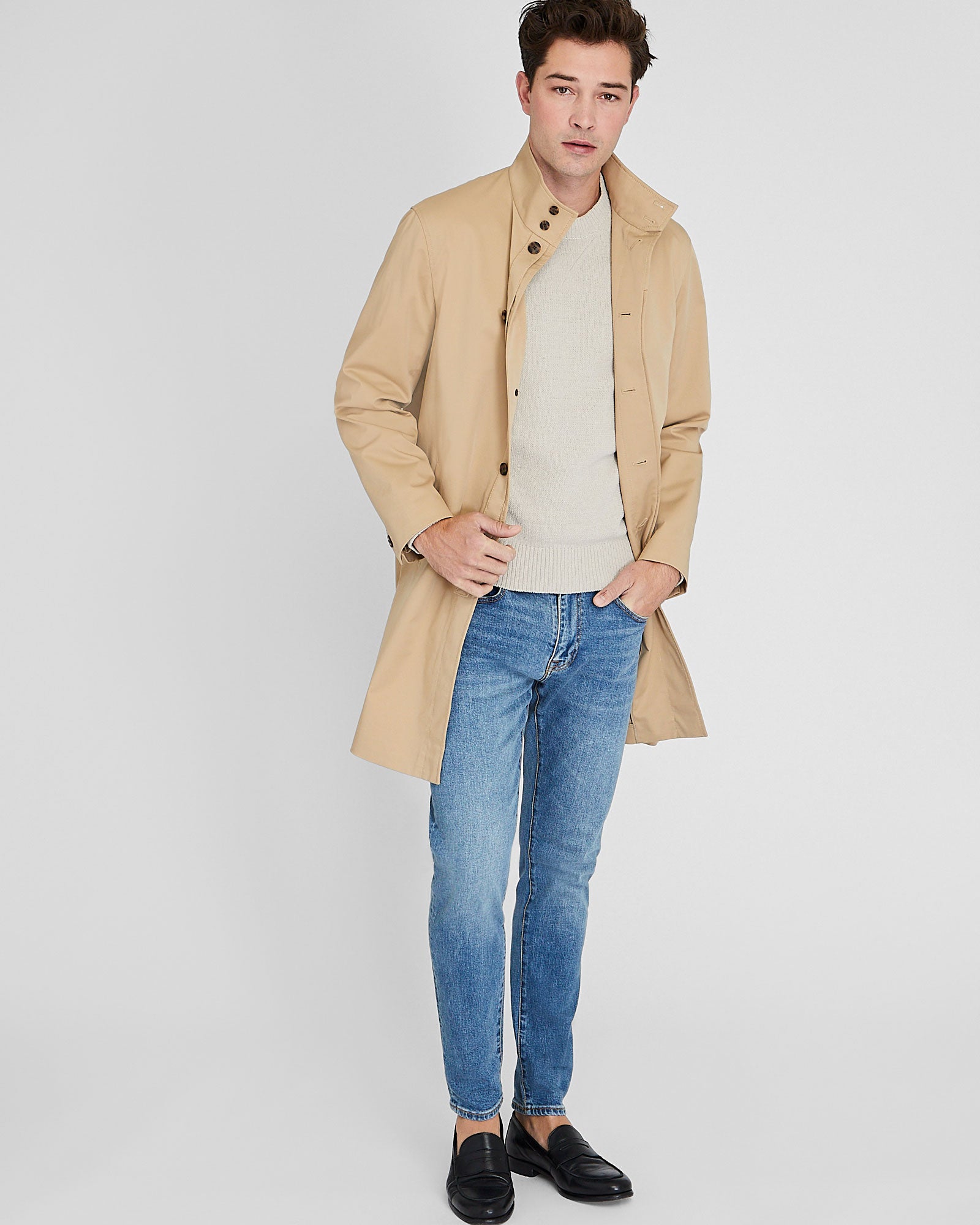 Men's Khaki Funnel Neck Mac Coat