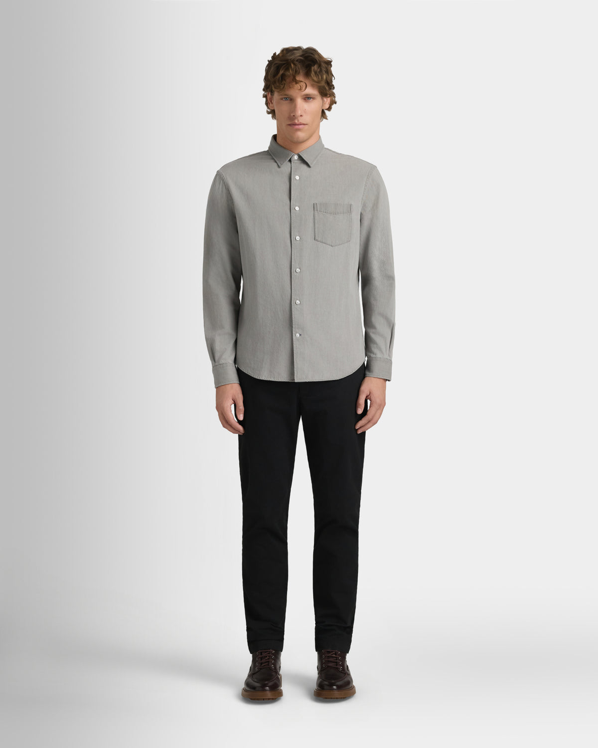 Men's Grey Long-Sleeve Denim Shirt