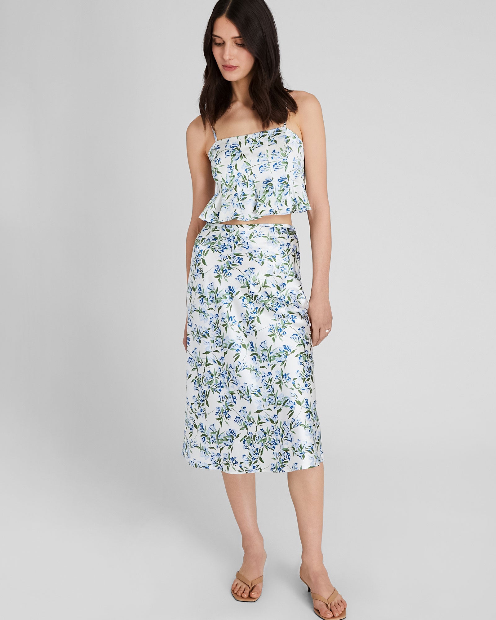 CLUB MONACO - Floral Print Silk Charmeuse Midi Skirt - Blue Print