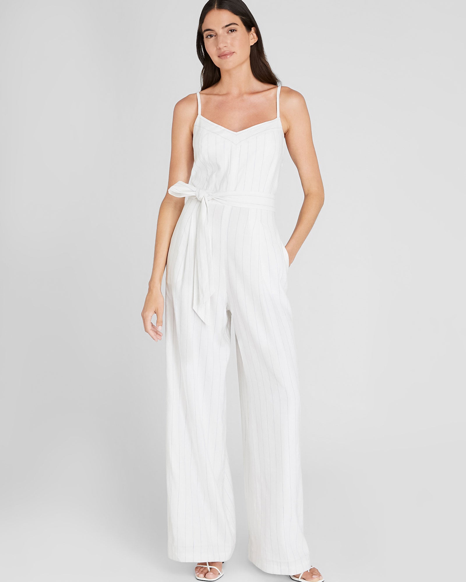 CLUB MONACO - Pinstripe Linen Blend Jumpsuit - Blue Stripe