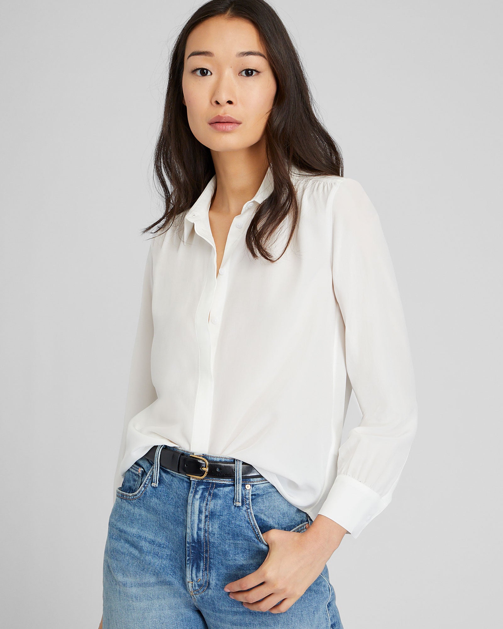 CLUB MONACO - Shirred Shoulder Silk Shirt - White