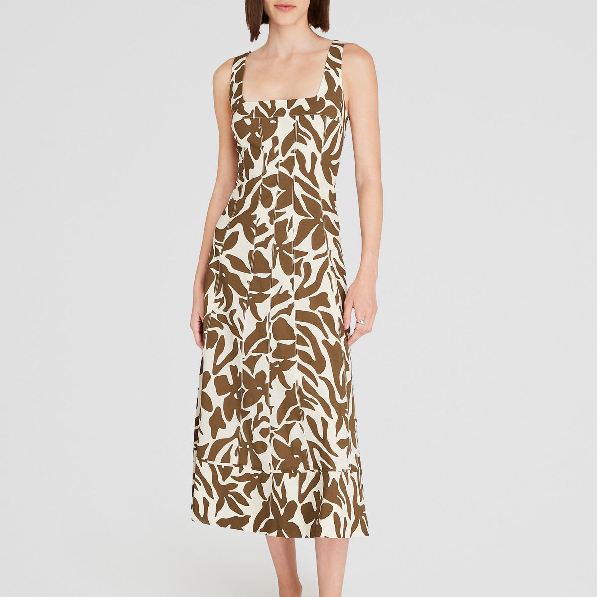 Women's Military Olive Printed Square-Neck Midi Dress