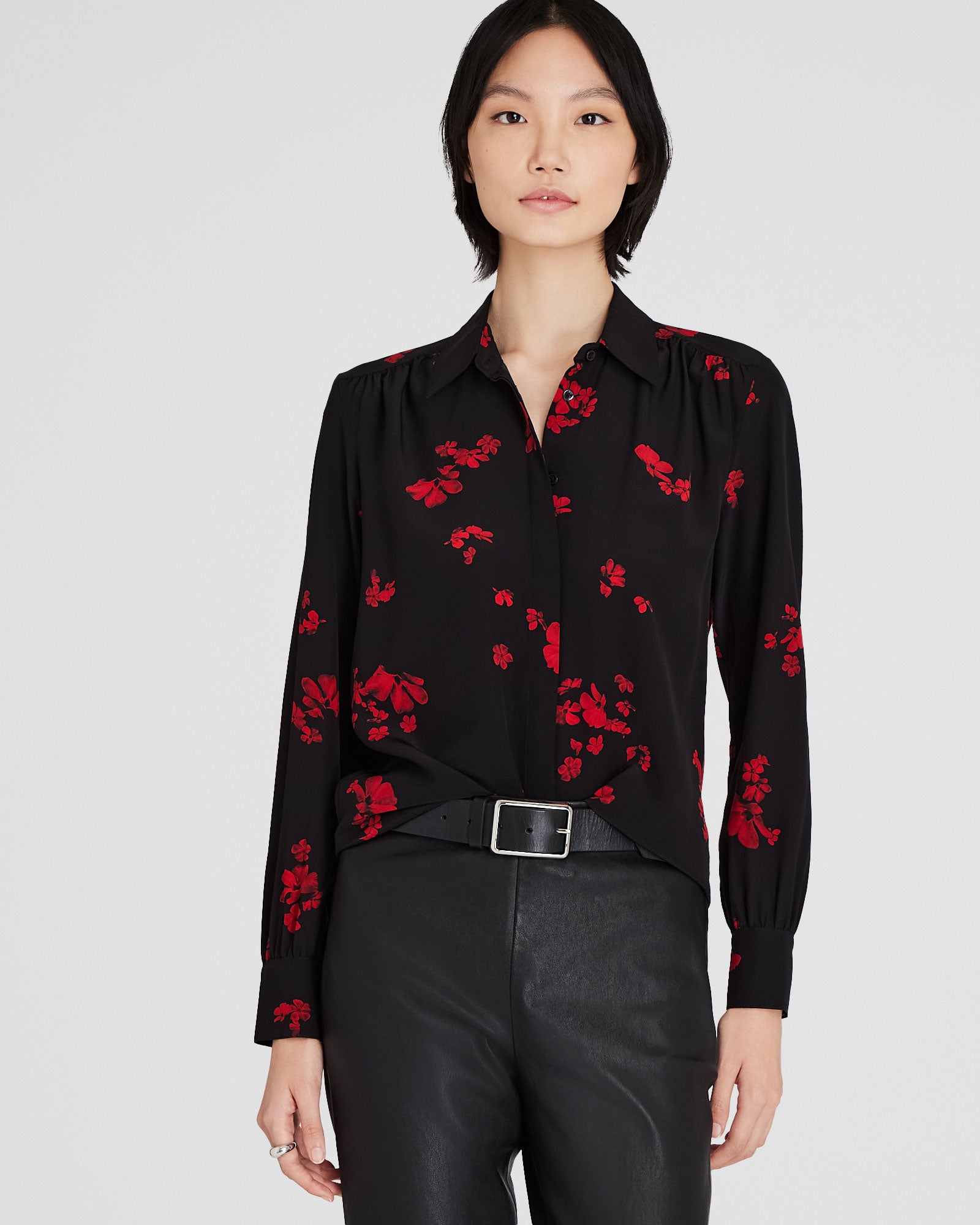 CLUB MONACO - Printed Shirred Shoulder Silk Shirt - Red Pattern