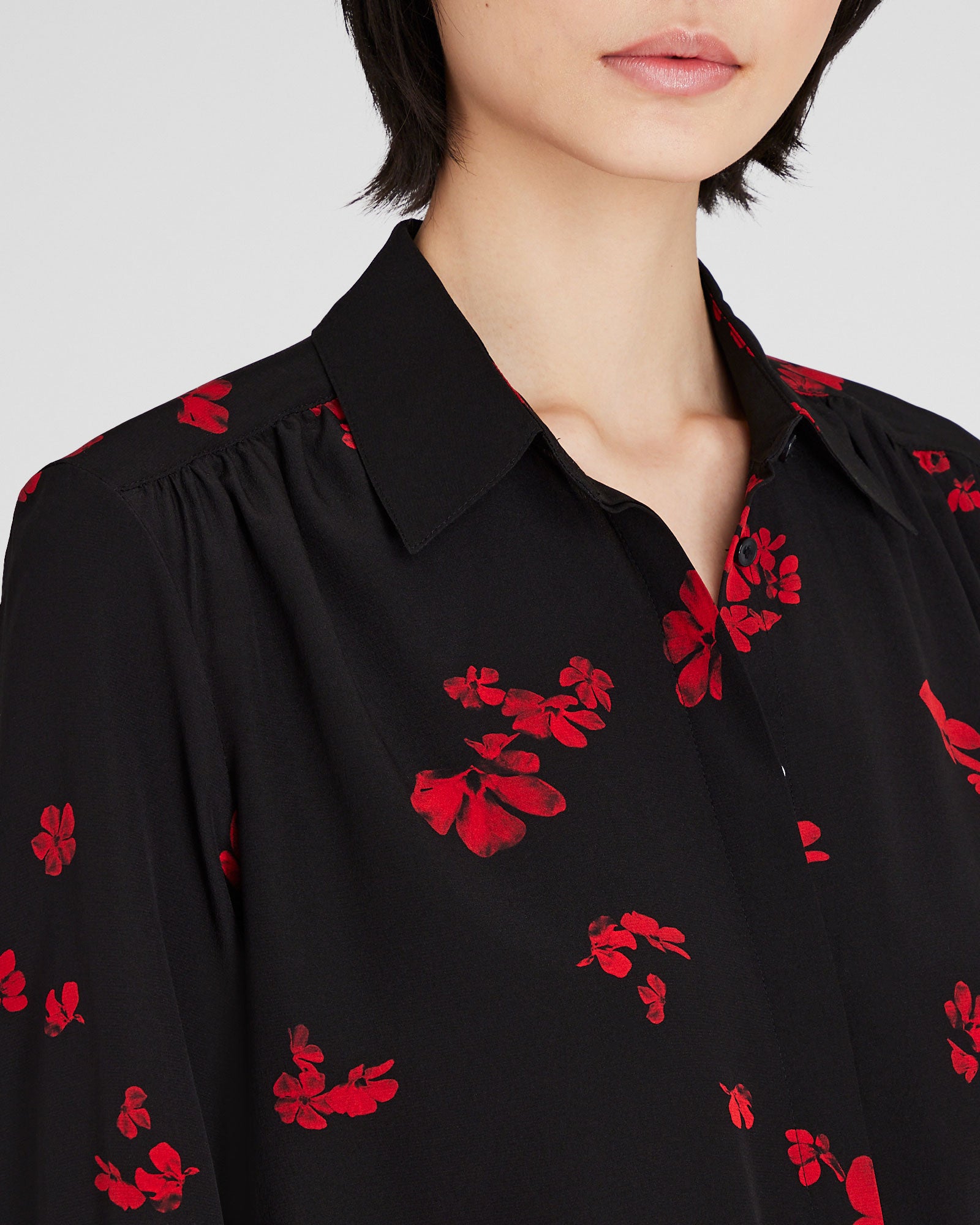 CLUB MONACO - Printed Shirred Shoulder Silk Shirt - Red Pattern