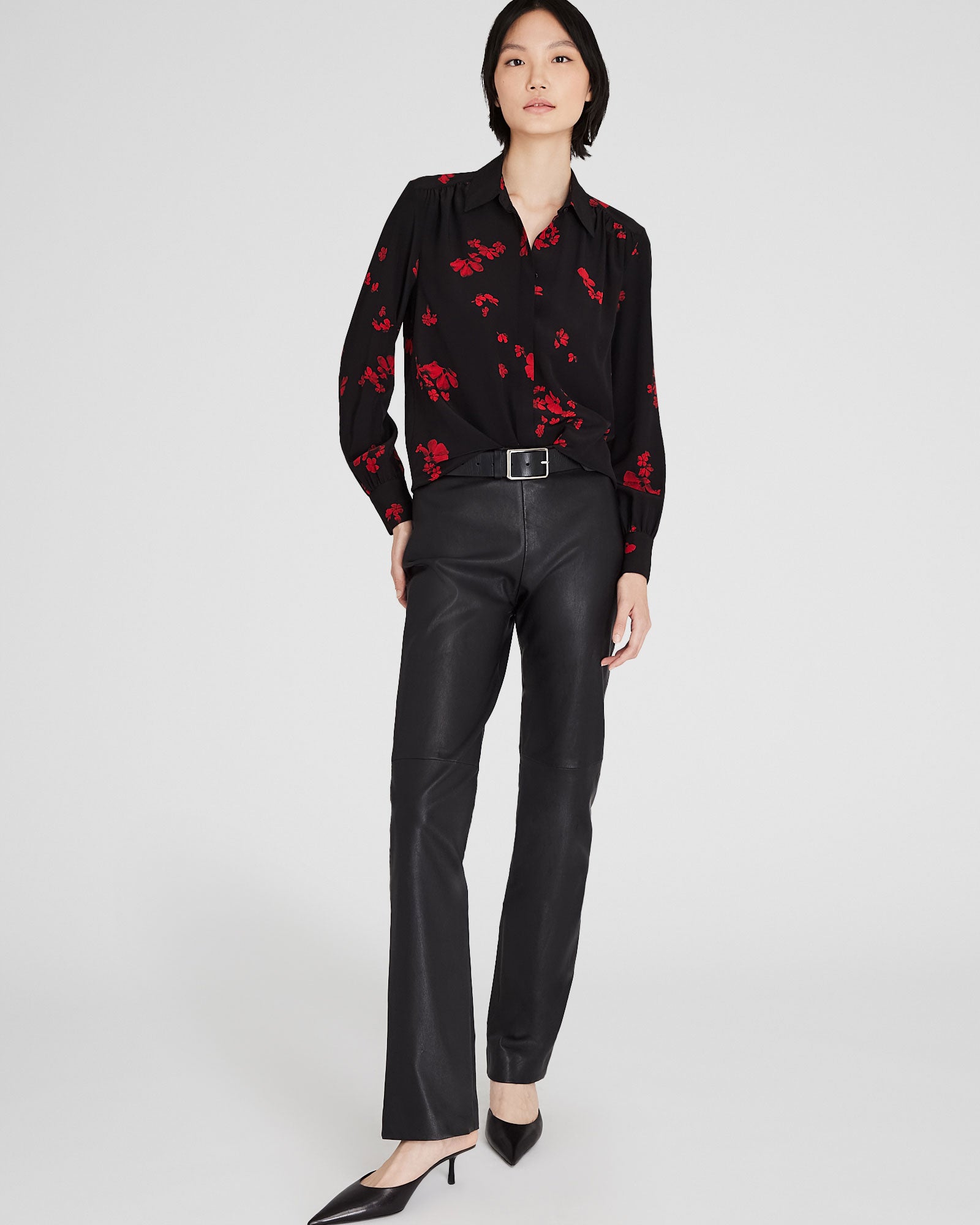 CLUB MONACO - Printed Shirred Shoulder Silk Shirt - Red Pattern