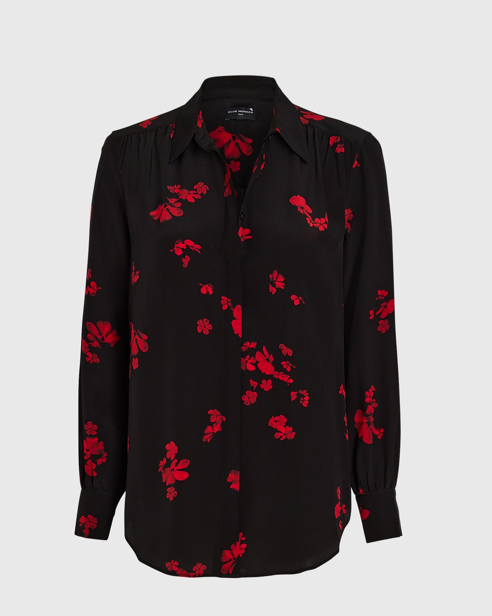 CLUB MONACO - Printed Shirred Shoulder Silk Shirt - Red Pattern
