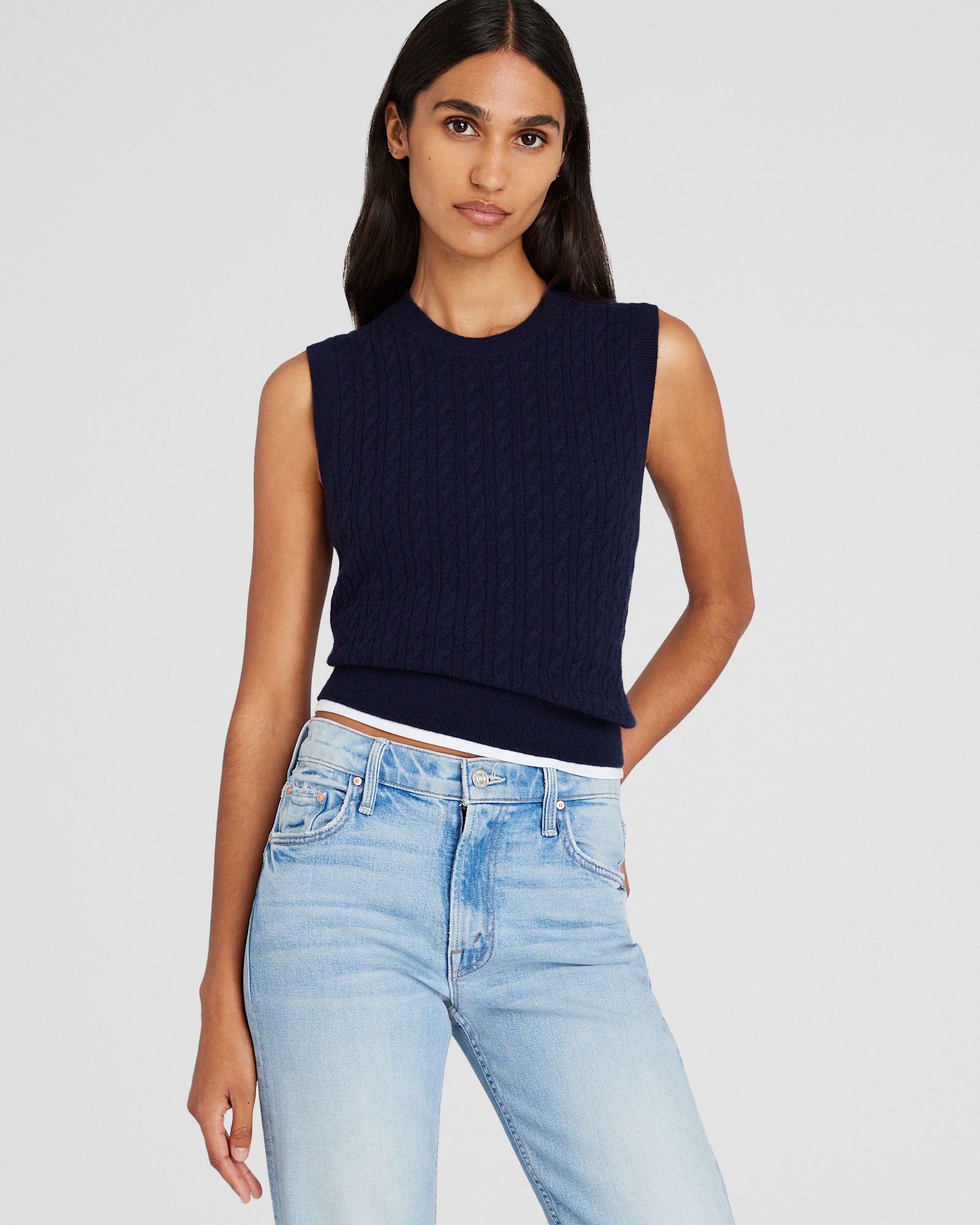Women's Navy Cashmere Mini Cable Shell | Club Monaco Corp, CA US