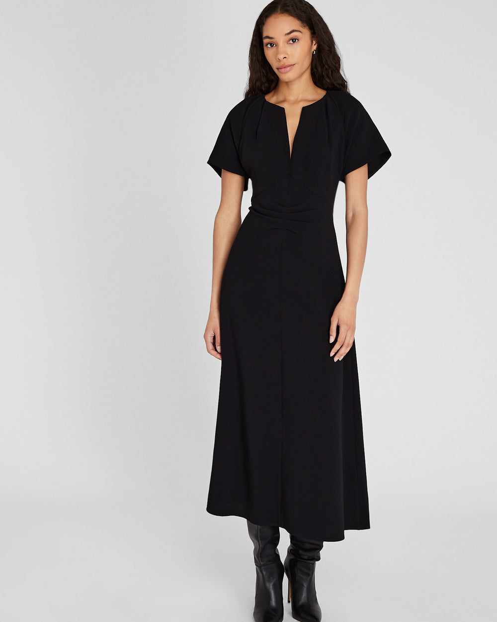 Women's Black Flutter Sleeve Crepe Midi Dress