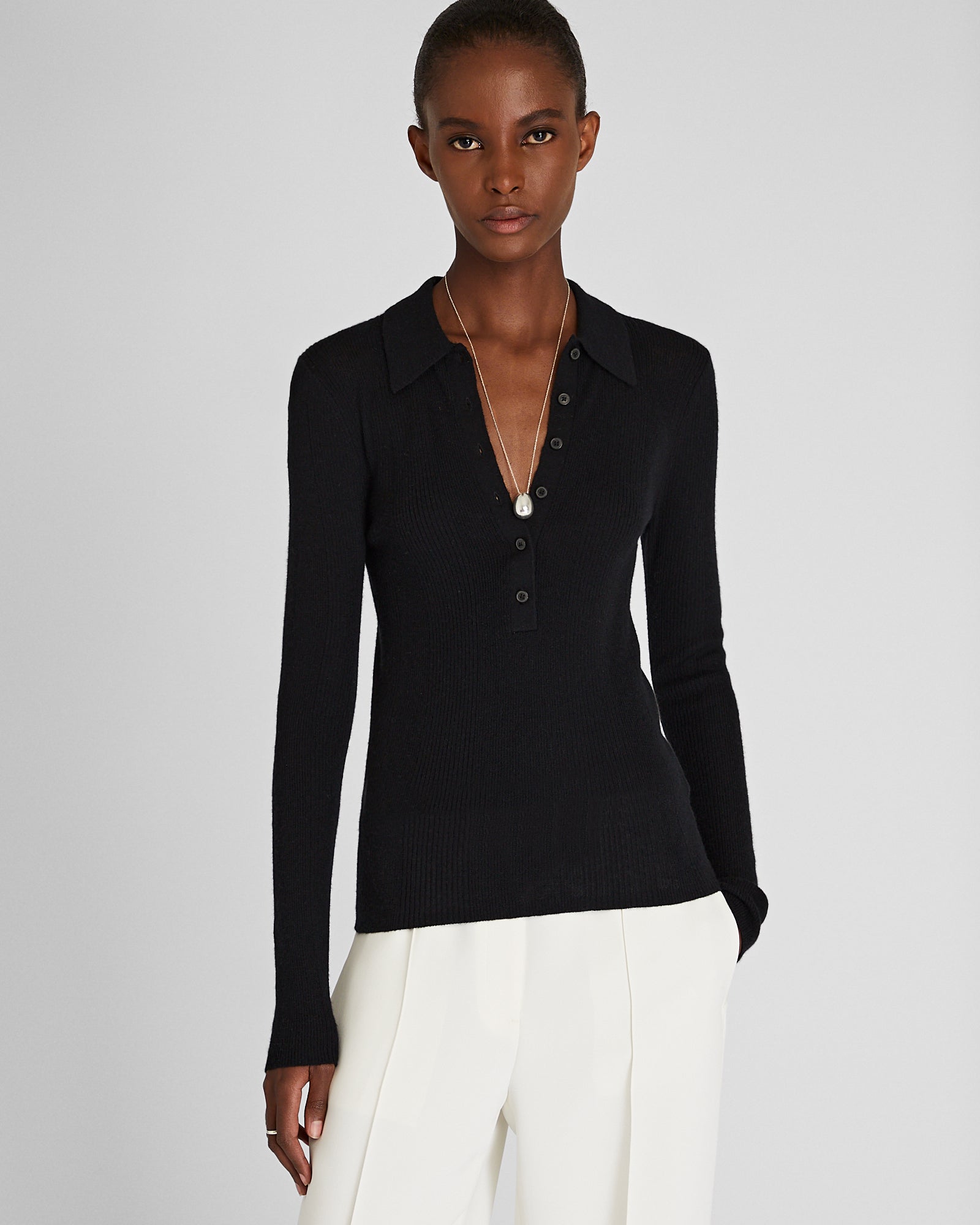 CLUB MONACO - Long Sleeve Cashmere Rib Polo - Black