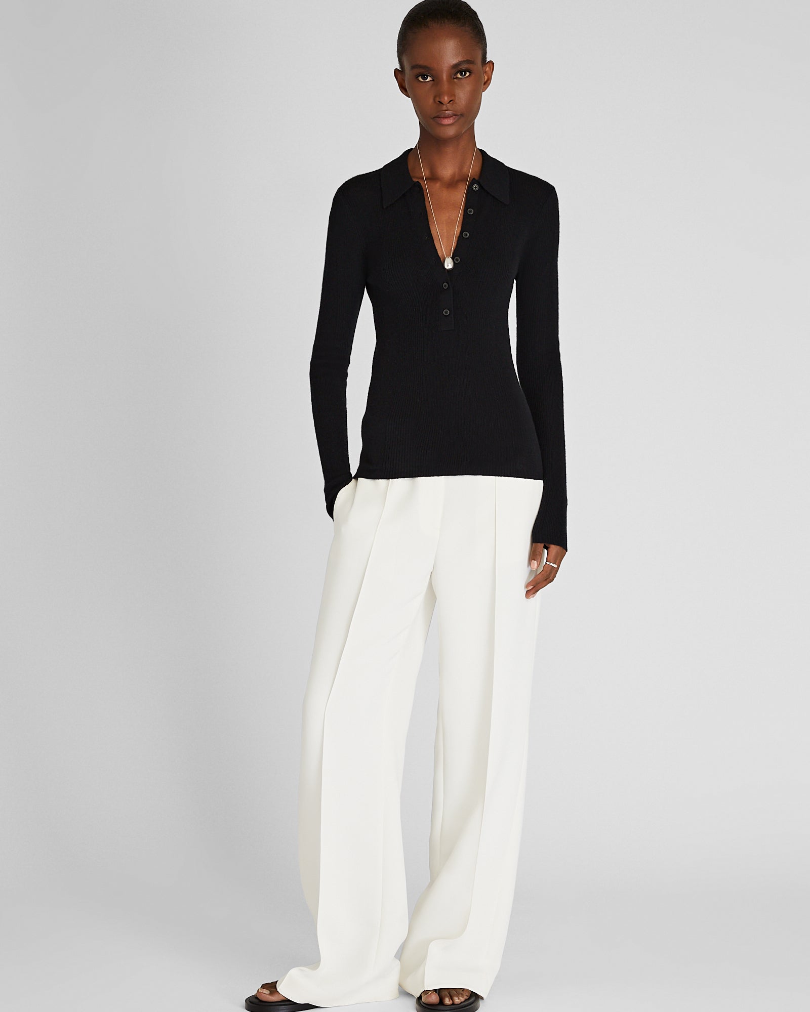 CLUB MONACO - Long Sleeve Cashmere Rib Polo - Black