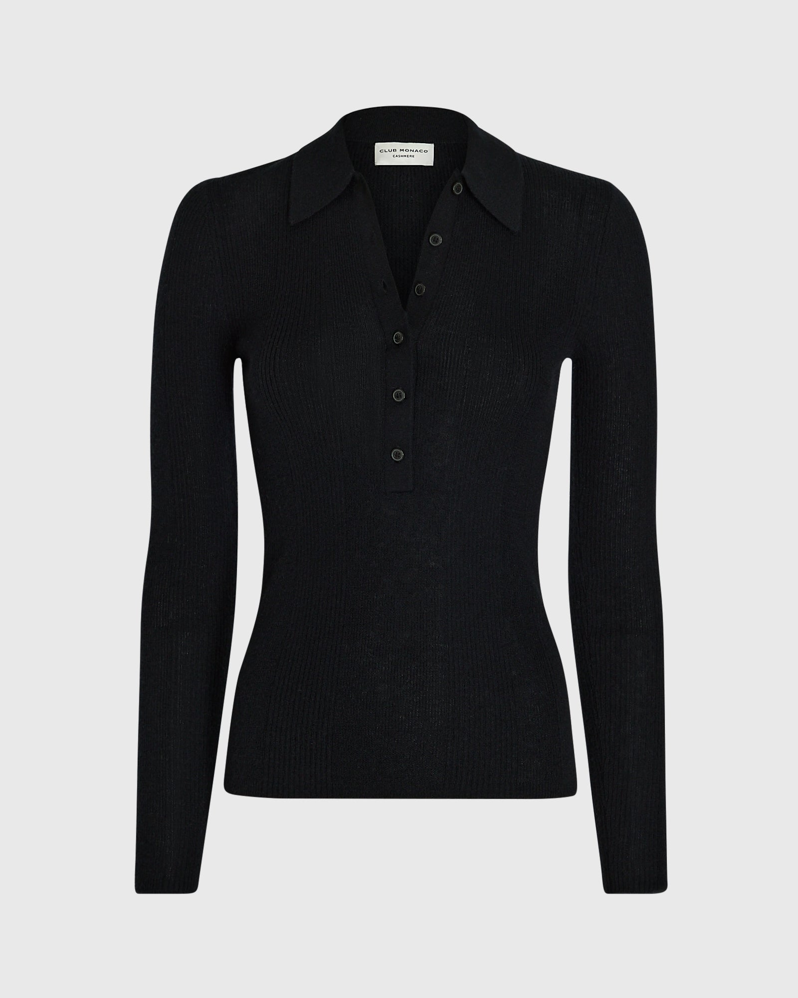 CLUB MONACO - Long Sleeve Cashmere Rib Polo - Black