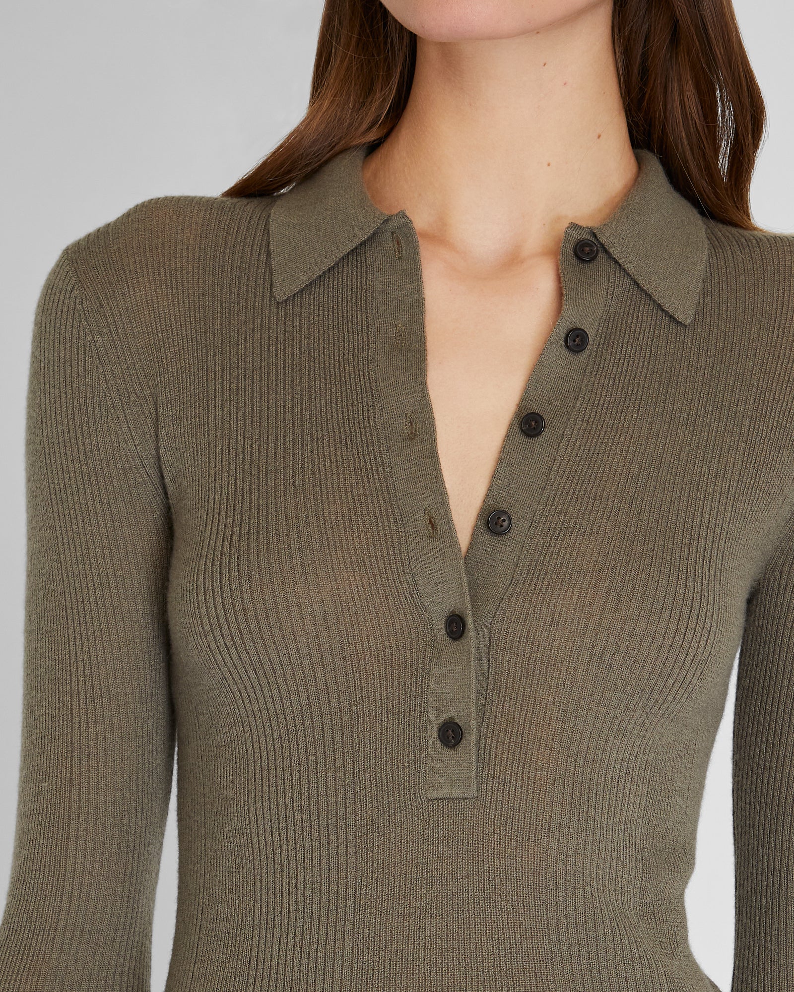 CLUB MONACO - Long Sleeve Cashmere Rib Polo - Medium Olive