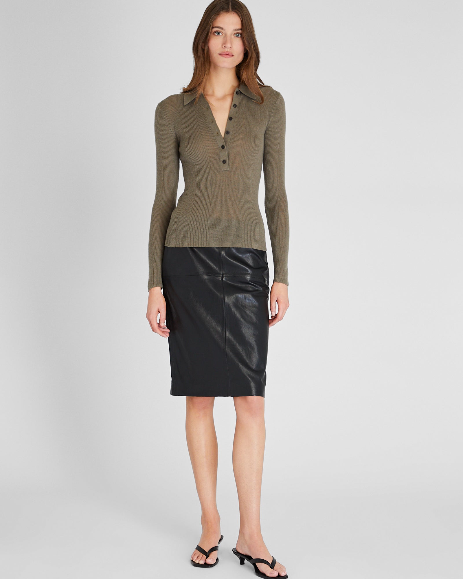 CLUB MONACO - Long Sleeve Cashmere Rib Polo - Medium Olive
