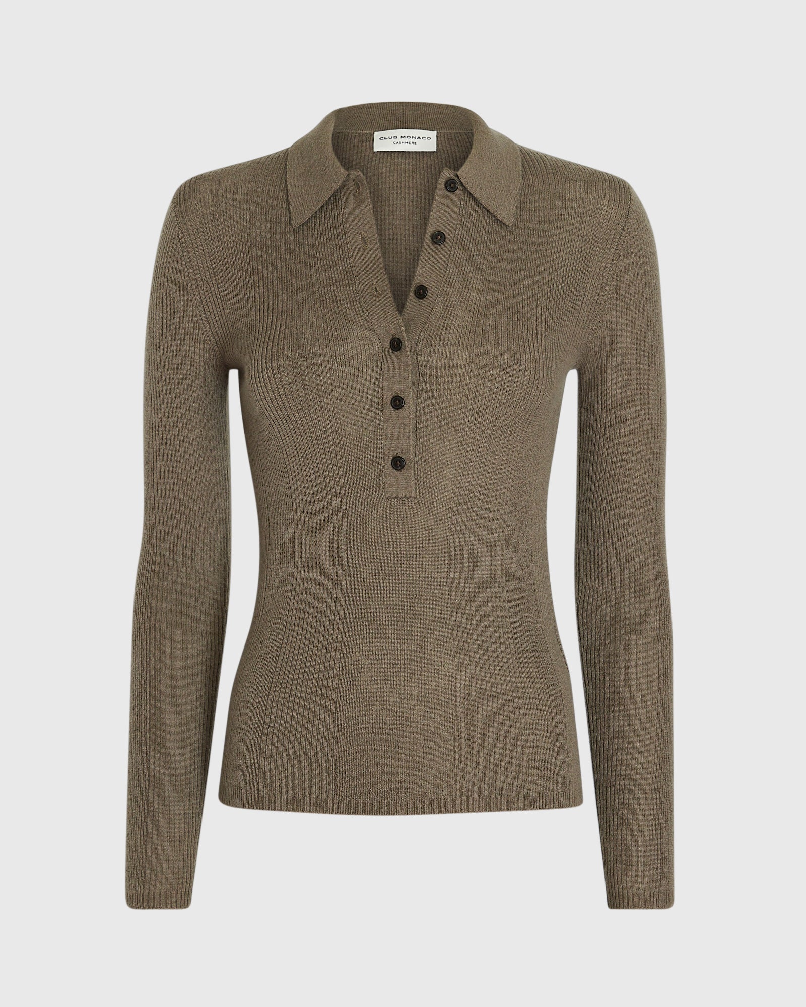 CLUB MONACO - Long Sleeve Cashmere Rib Polo - Medium Olive