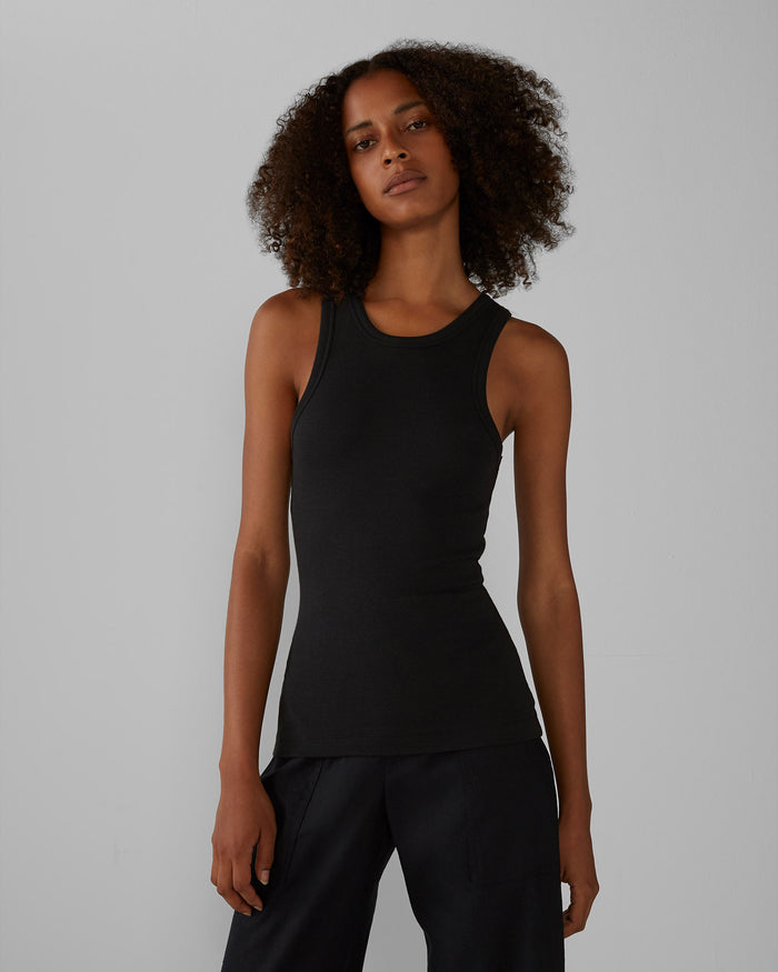 Women's Black Racerback Ribbed Tank | Club Monaco US