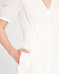 Belted Puff Sleeve Eyelet Romper