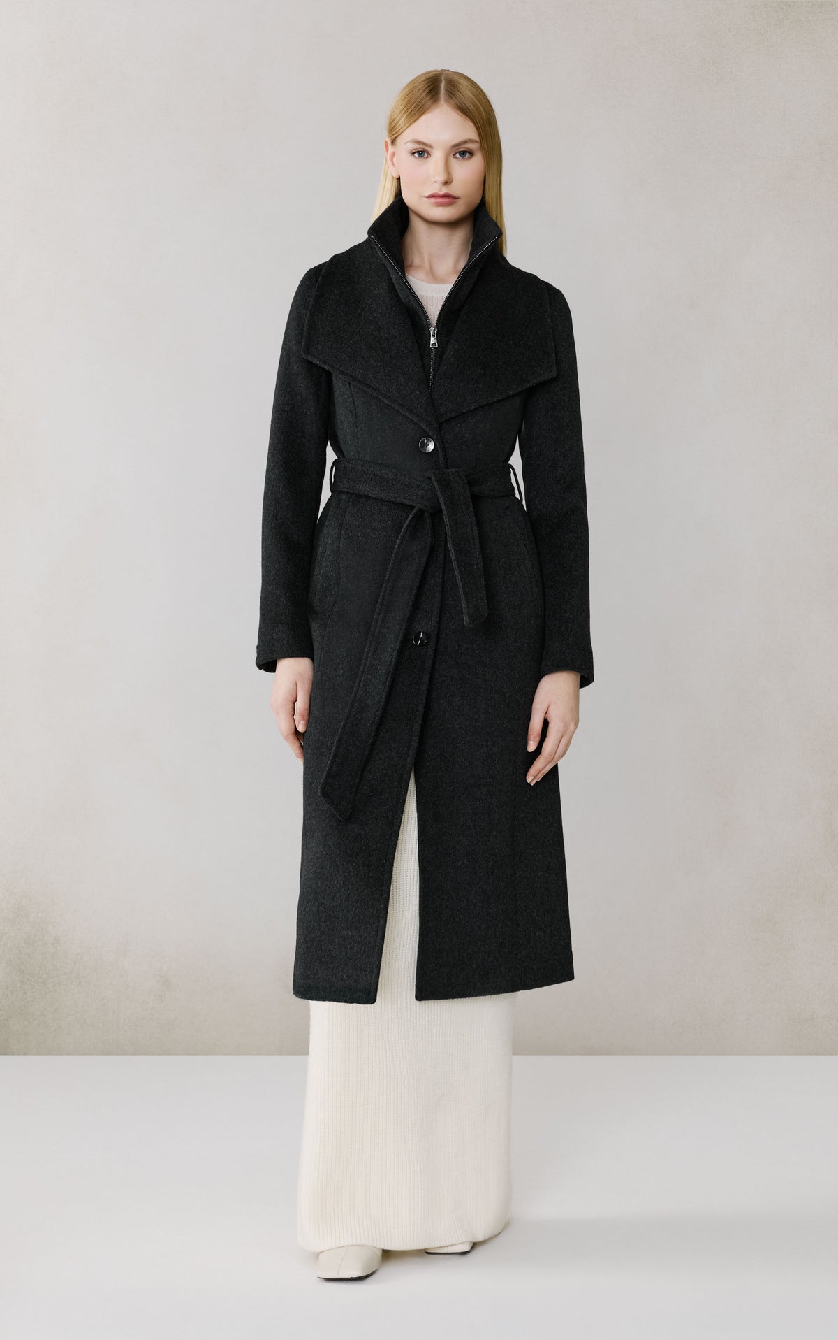 Club Monaco - SOIA & KYO Ilana-N Belted Coat in Stretch Cotton in Black Heather Grey - Black Heather Grey