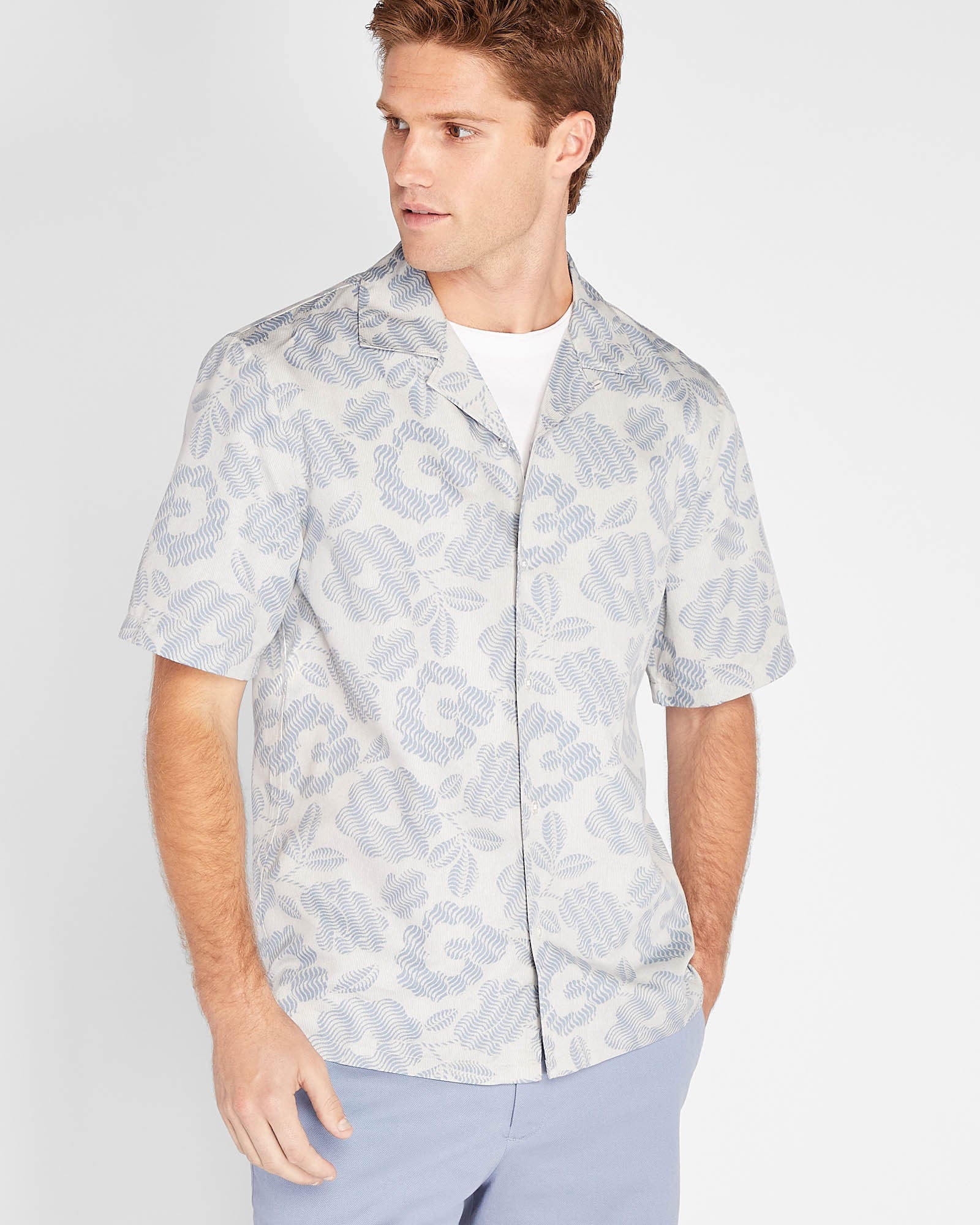 CLUB MONACO - Short Sleeve Camp Collar Floral Print Shirt - Blue Mix